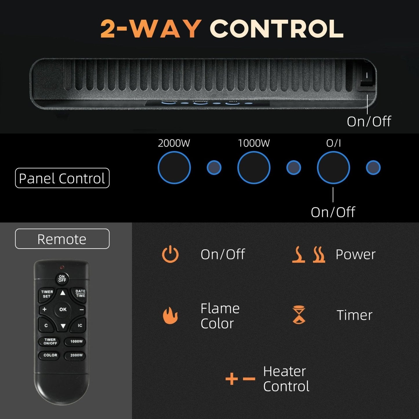 102cm Electric Fireplace, 2000W Recessed and Wall Mounted Electric Fire with Remote Control, 9 Flame Colour and Crystal, Black-4