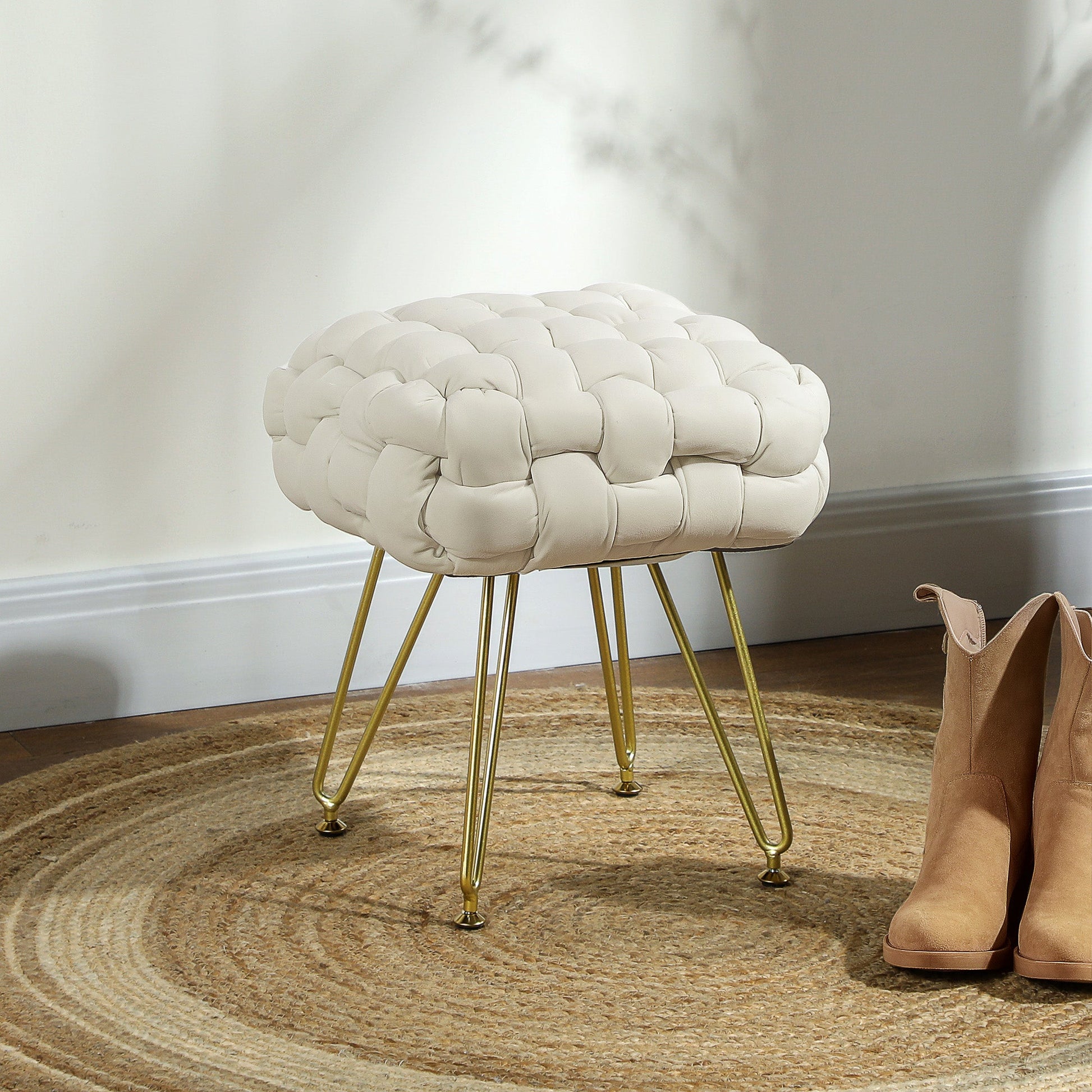 Velvet-Feel Bold Woven Footstool - Cream White-1