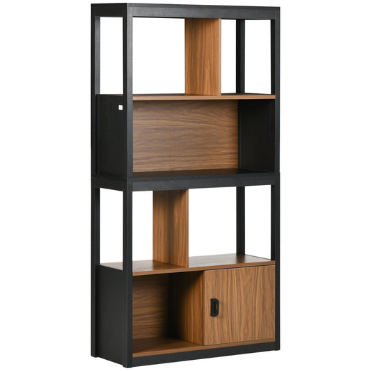 Modern 4-Tier Bookshelf, Freestanding Bookcase with Storage Shelving and Closed Cabinet, for Living Room Home Office Study, Walnut Brown-0