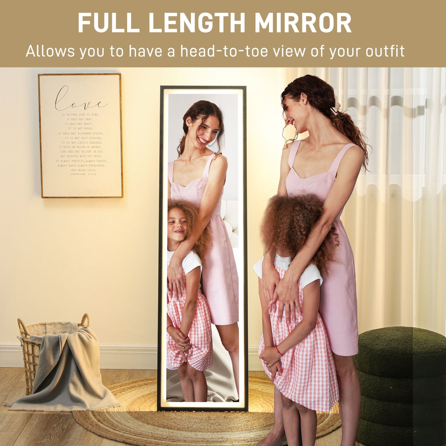 Full Length Mirror with LED Lights, 150 x 40cm Free Standing Mirror with Dimming and 3 Colour Lighting, Leaning or Wall Mirror with Metal Frame for Living Room, Bedroom, Black-3