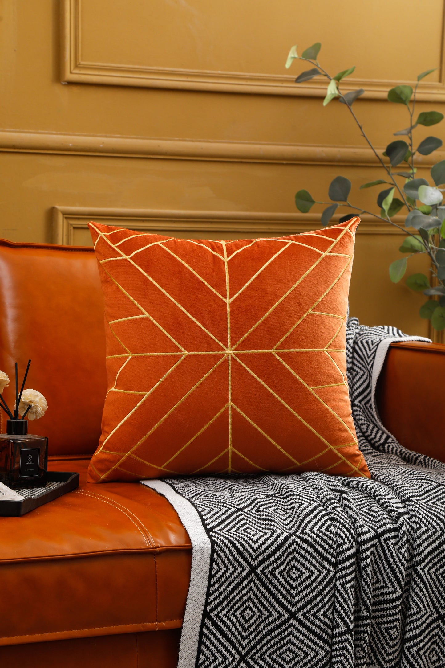 Gold Embroidery Velvet Cushion Cover (18x18" - 45x45 cm) - Orange Colour-1