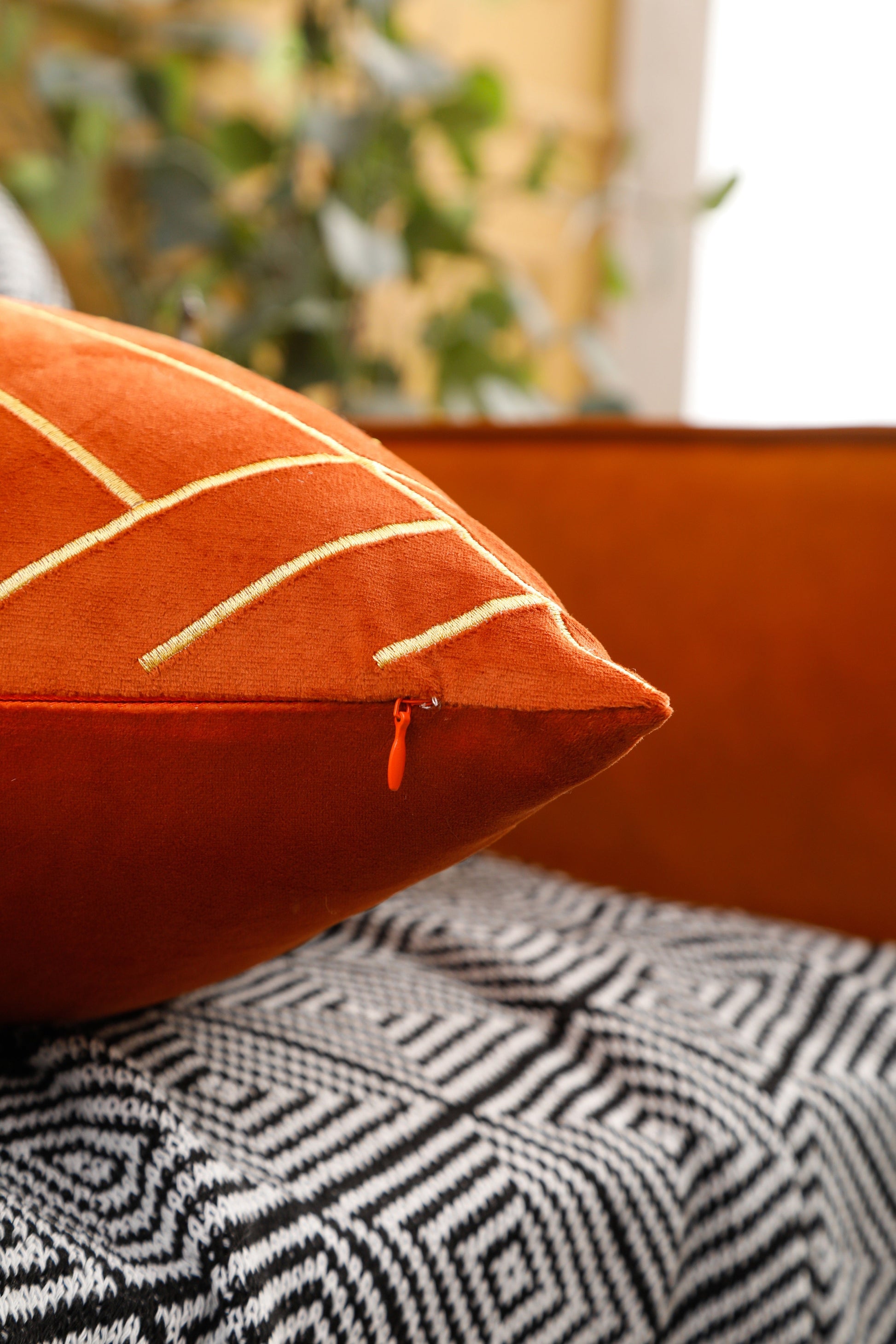 Gold Embroidery Velvet Cushion Cover (18x18" - 45x45 cm) - Orange Colour-3