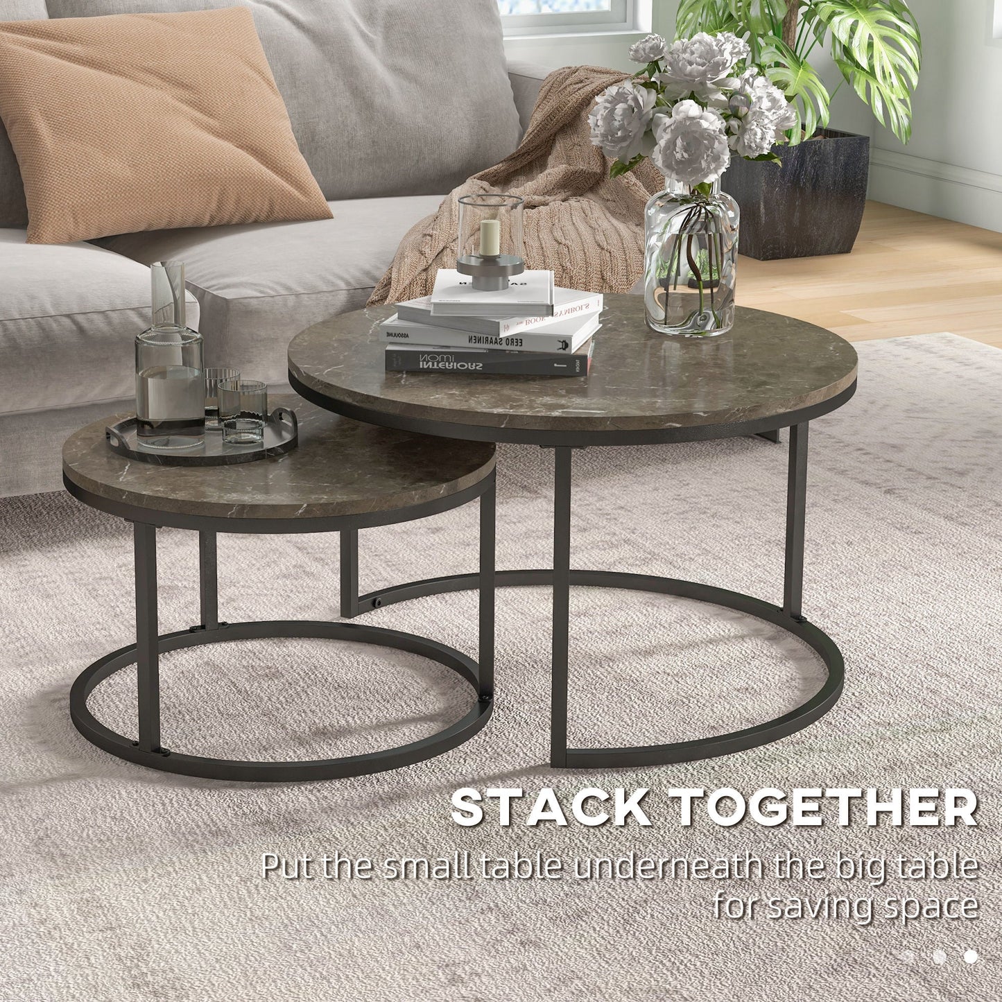 Industrial Nesting Coffee Table Set of 2, Round Coffee Tables, Living Room Table with Faux Marbled Top and Steel Frame-3