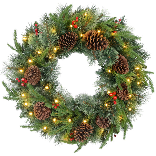 60" Cone and Berry Christmas Wreath, with LED Lights-0