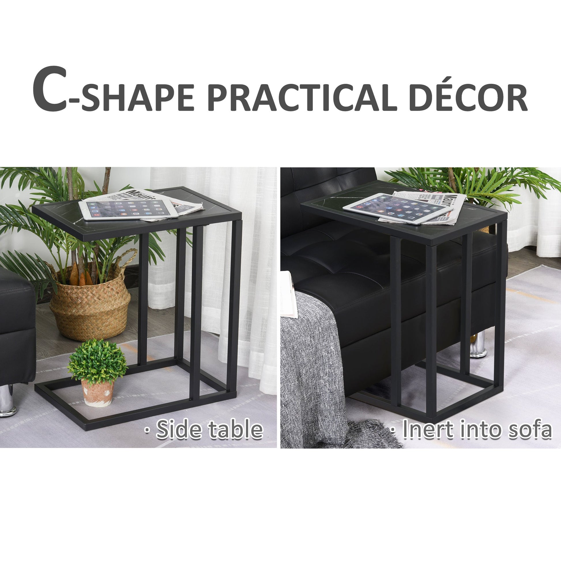 C Shape Side Table Marble-Effect Top w/ Metal Frame Space-Saving Home Furniture Bedroom Living Room Office Corner Desk Black White-3
