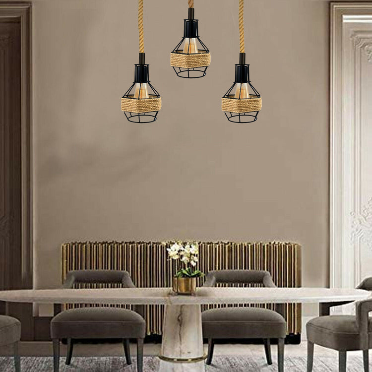 Vintage Industrial E27 3 Head Hemp Rope Pendant Ceiling Light Retro Decor~2230-4