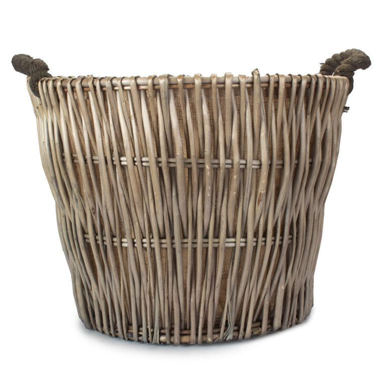 Round Grey Hessian Lined Wicker Log Basket-2