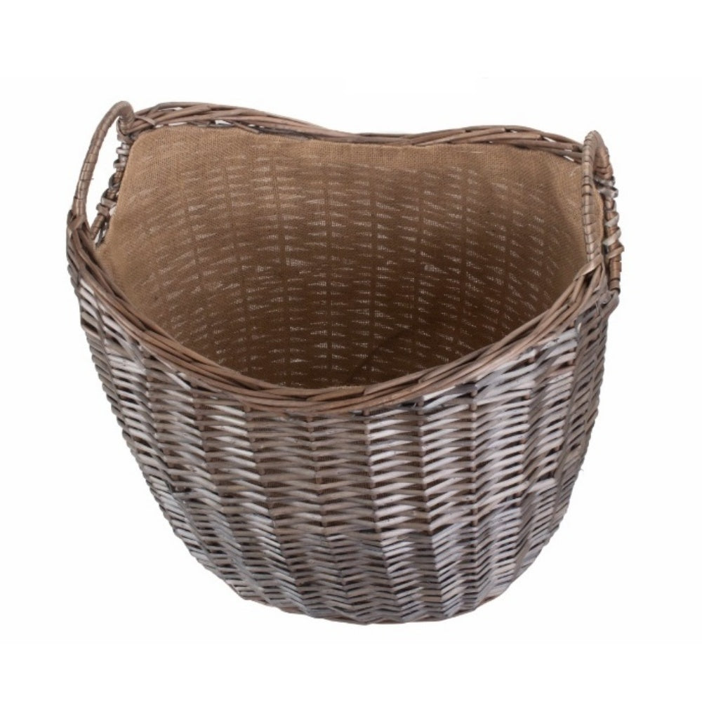 Scoop Neck Antique Wash Hessian Lined Wicker Log Basket-7
