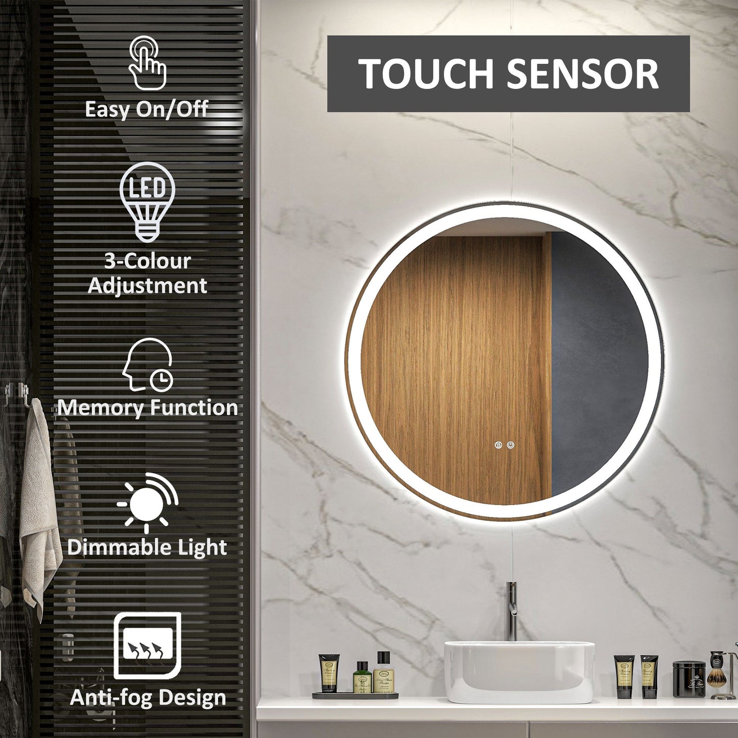 Round LED Bathroom Mirror with Adjustable Color Temperature and Defogging Film - 70 cm-3