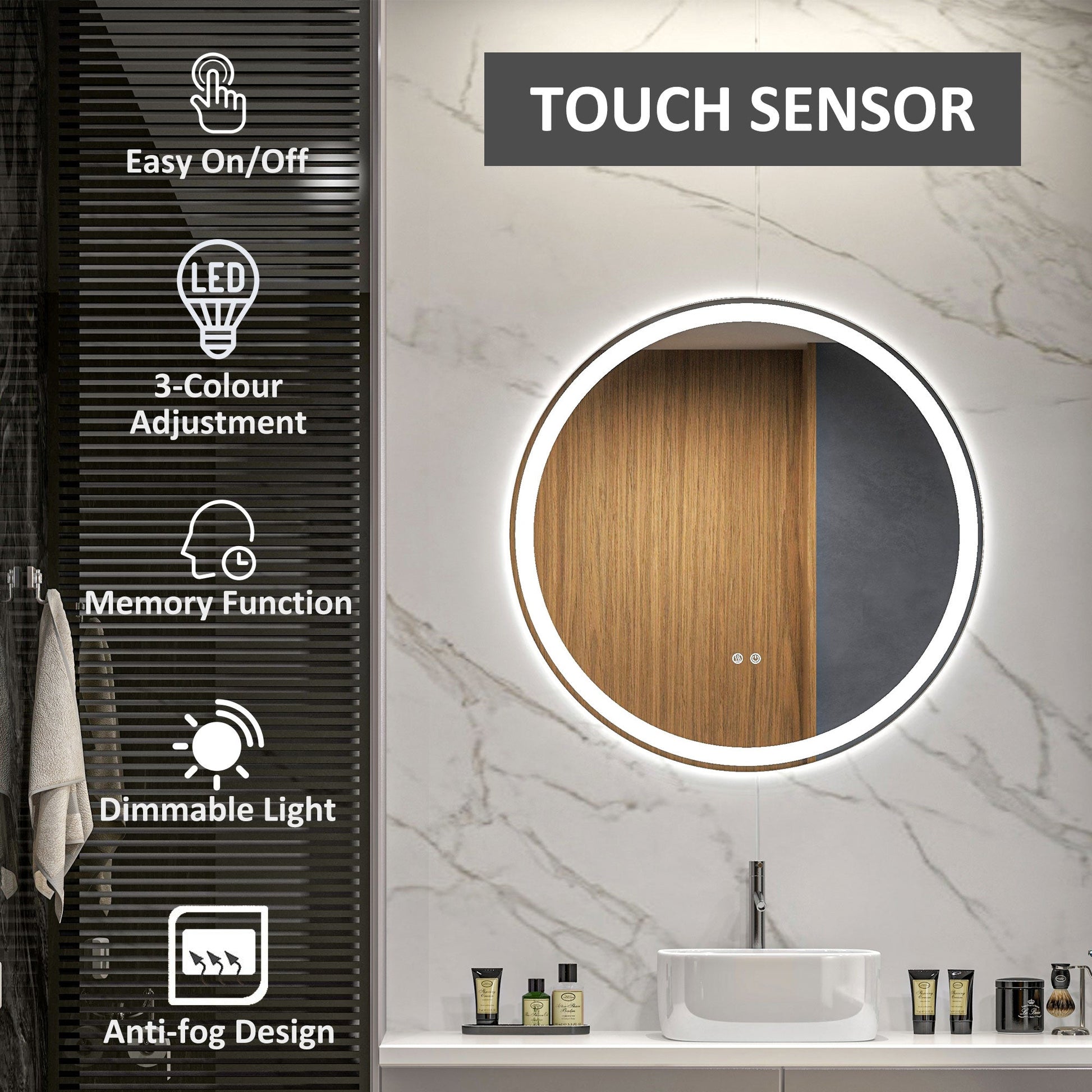 Round LED Bathroom Mirror with Adjustable Color Temperature and Defogging Film - 70 cm-3