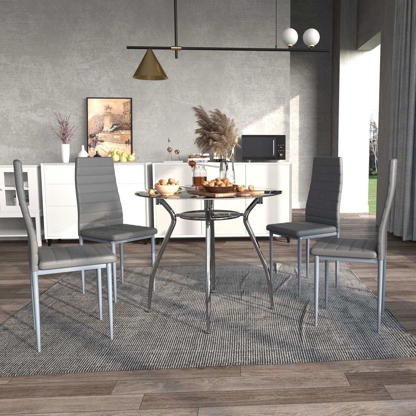 Five-Piece Dining Set, with Padded Chairs and Glass-Top Table - Grey-1