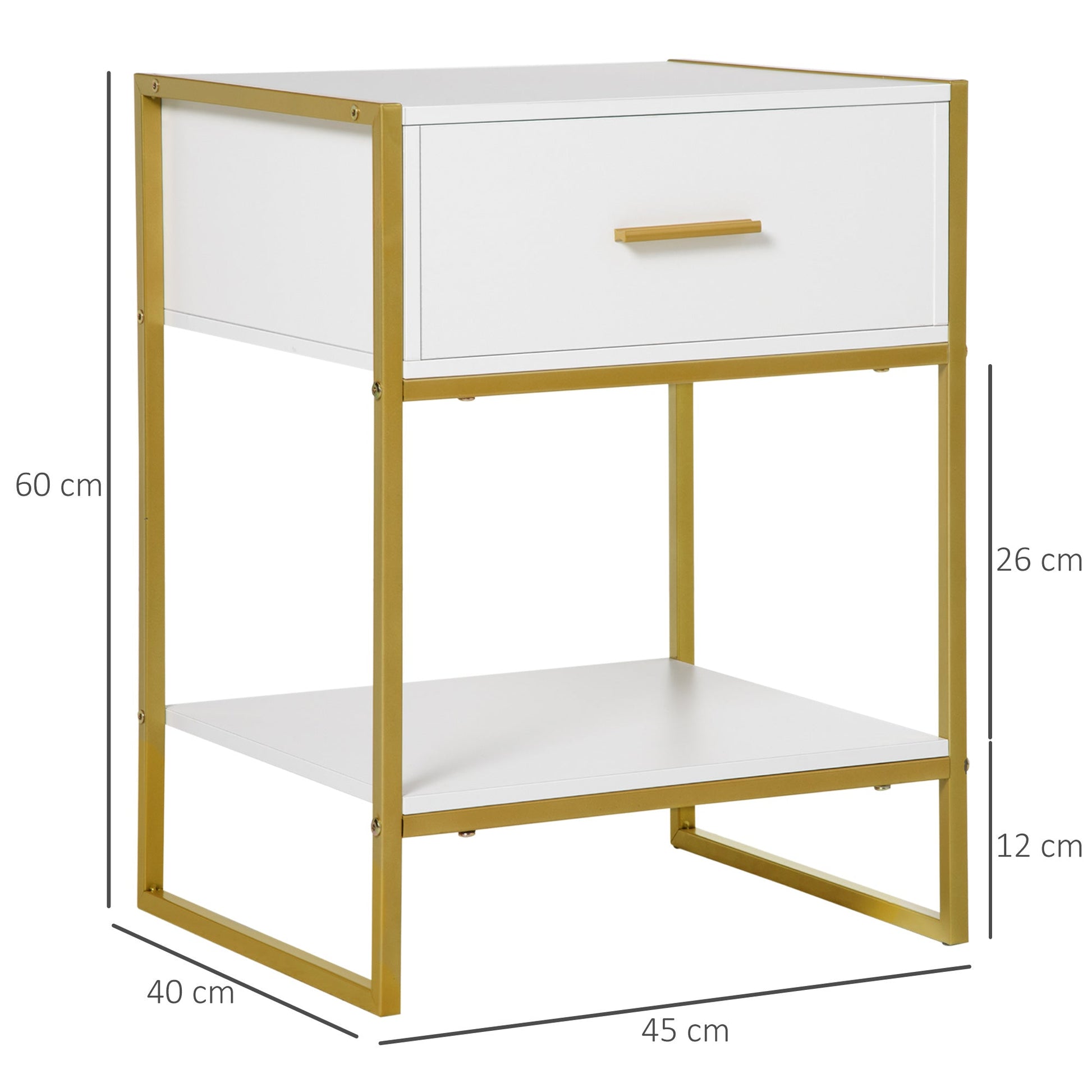 Modern Bedside Table with Drawer and Shelf - White and Gold-2