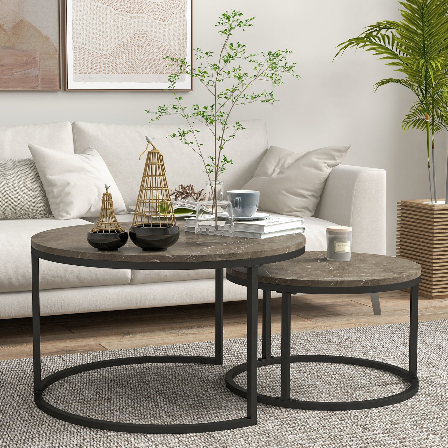 Industrial Nesting Coffee Table Set of 2, Round Coffee Tables, Living Room Table with Faux Marbled Top and Steel Frame-1