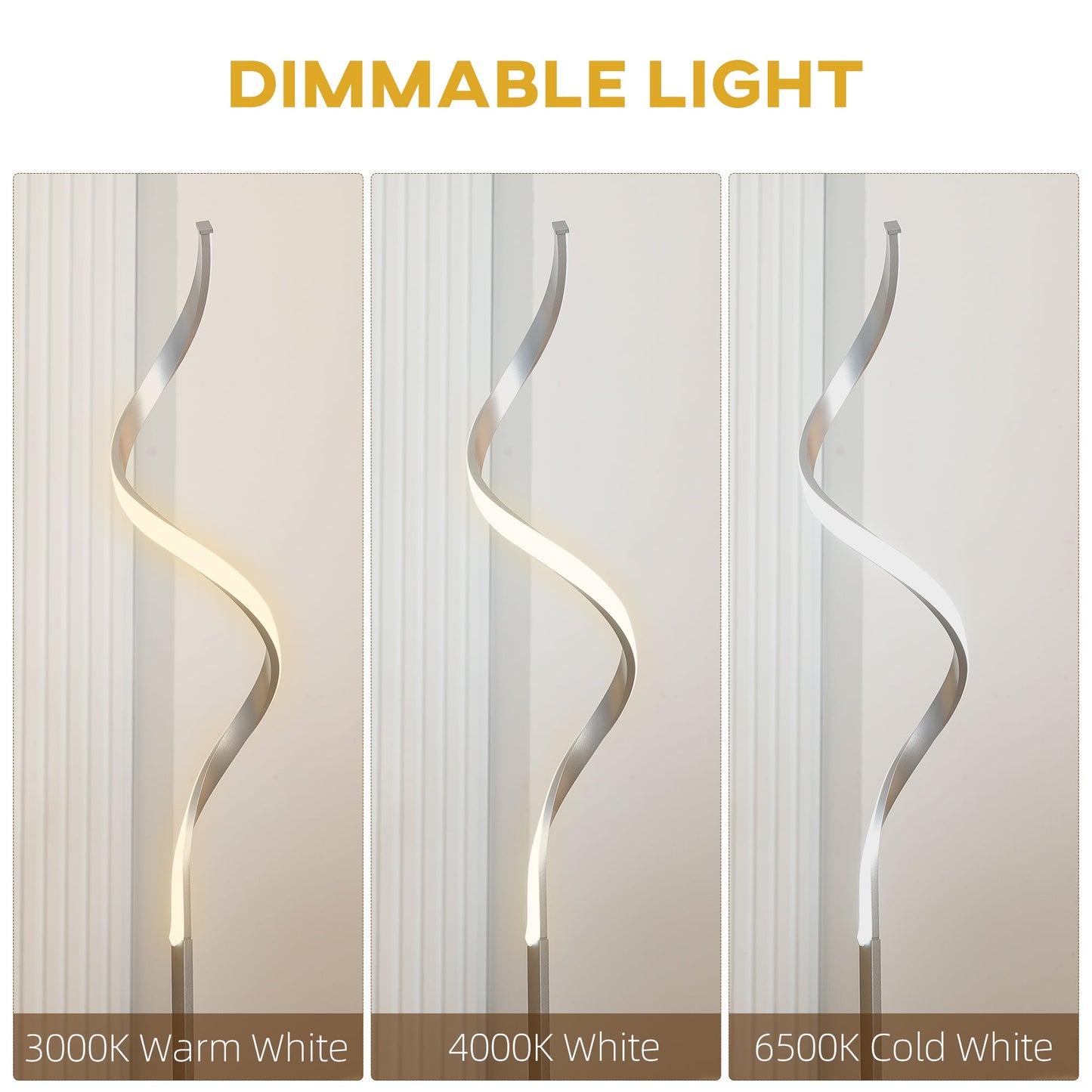 Dimmable Floor Lamp for Living Room, Modern Spiral Standing Lamp with 3 Adjustable Brightness and Square Base, Silver-4