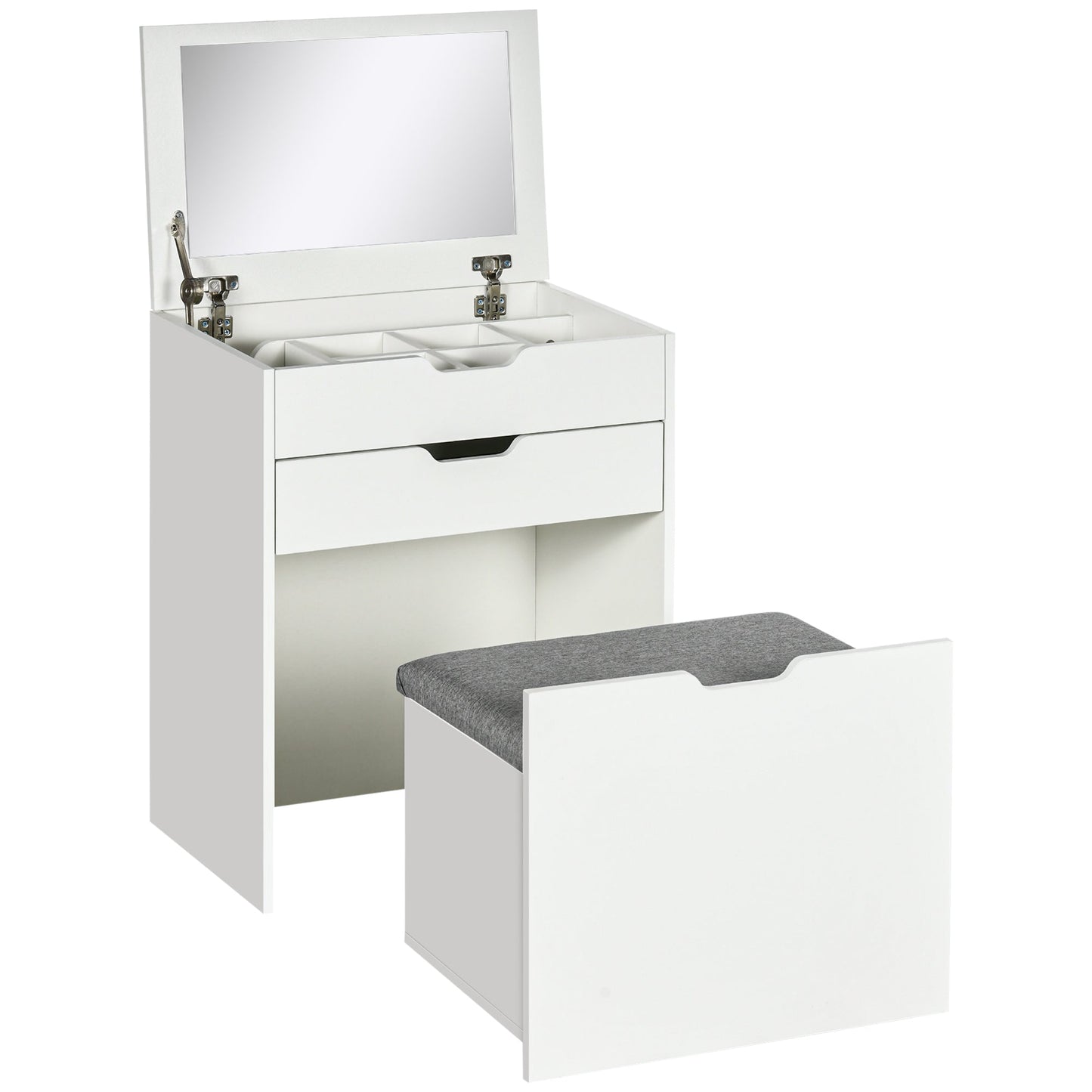 Dressing Table with Flip-up Mirror and Storage Stool, Vanity Table with Drawer and Hidden Compartments for Bedroom, Living Room, White-0