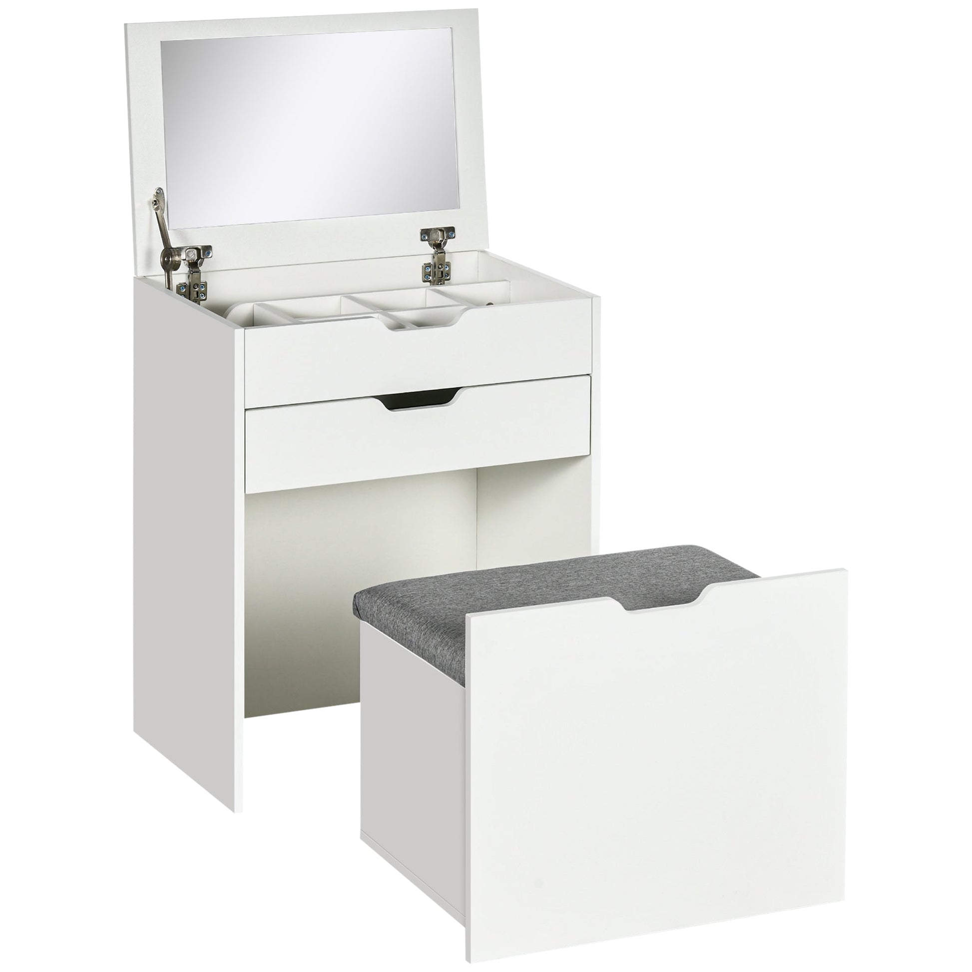 Dressing Table with Flip-up Mirror and Storage Stool, Vanity Table with Drawer and Hidden Compartments for Bedroom, Living Room, White-0