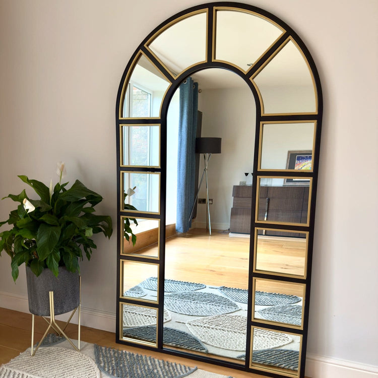 Mio - Full Length Black & Gold Metal Arched Window Mirror - 180cm x 105cm.-4