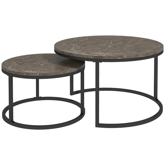 Industrial Nesting Coffee Table Set of 2, Round Coffee Tables, Living Room Table with Faux Marbled Top and Steel Frame-0