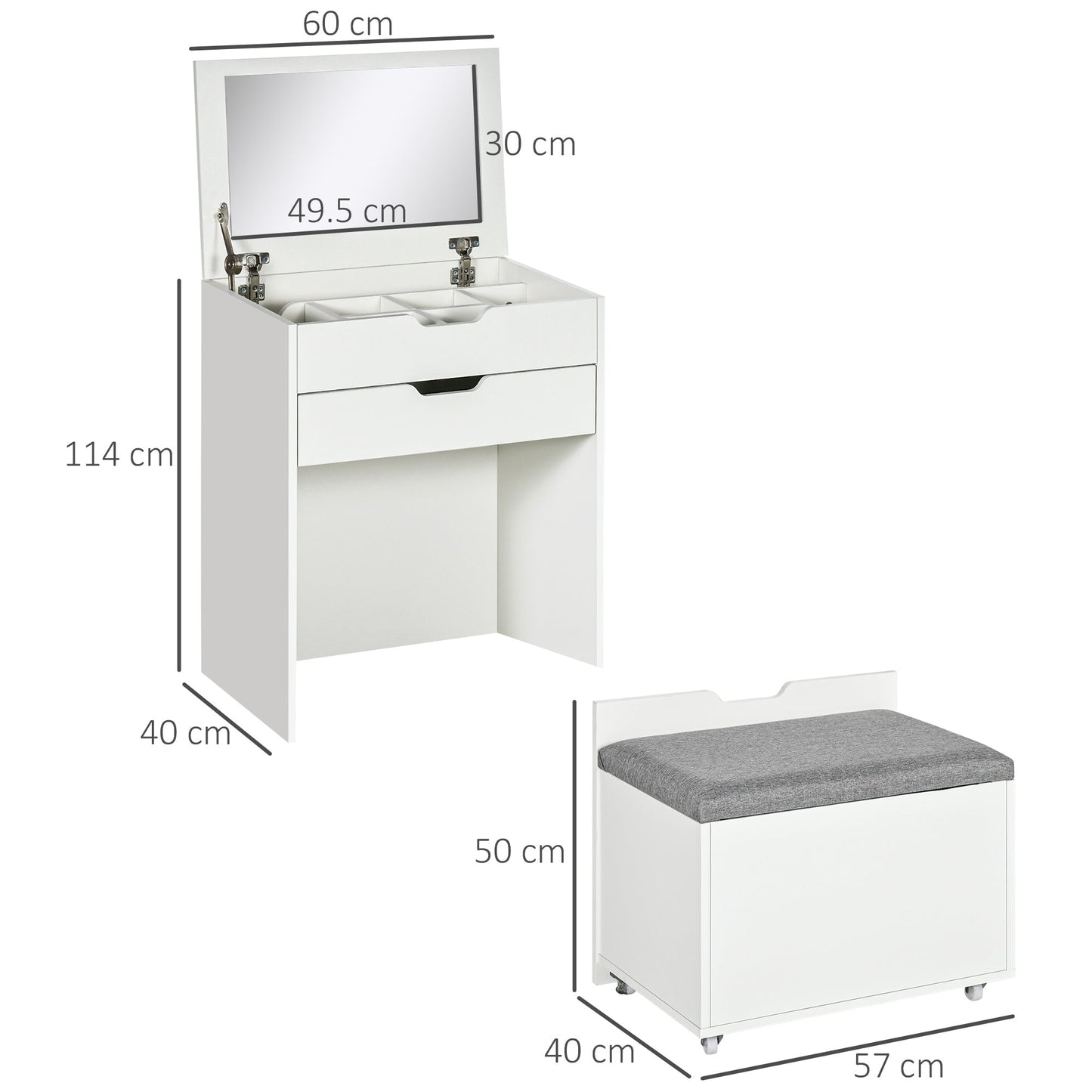 Dressing Table with Flip-up Mirror and Storage Stool, Vanity Table with Drawer and Hidden Compartments for Bedroom, Living Room, White-2