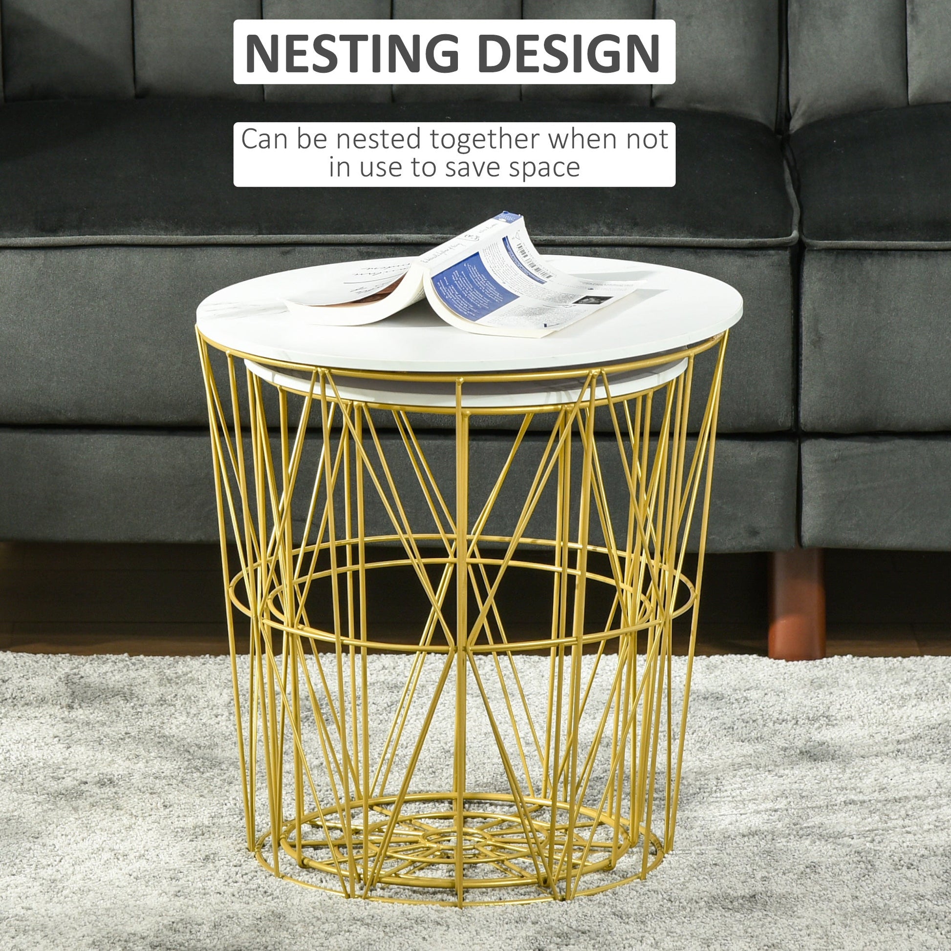 Set of 2 Nesting Side Tables with Storage, Round End Tables Coffee Tables with Steel Frame and Removable Round Top, White-4