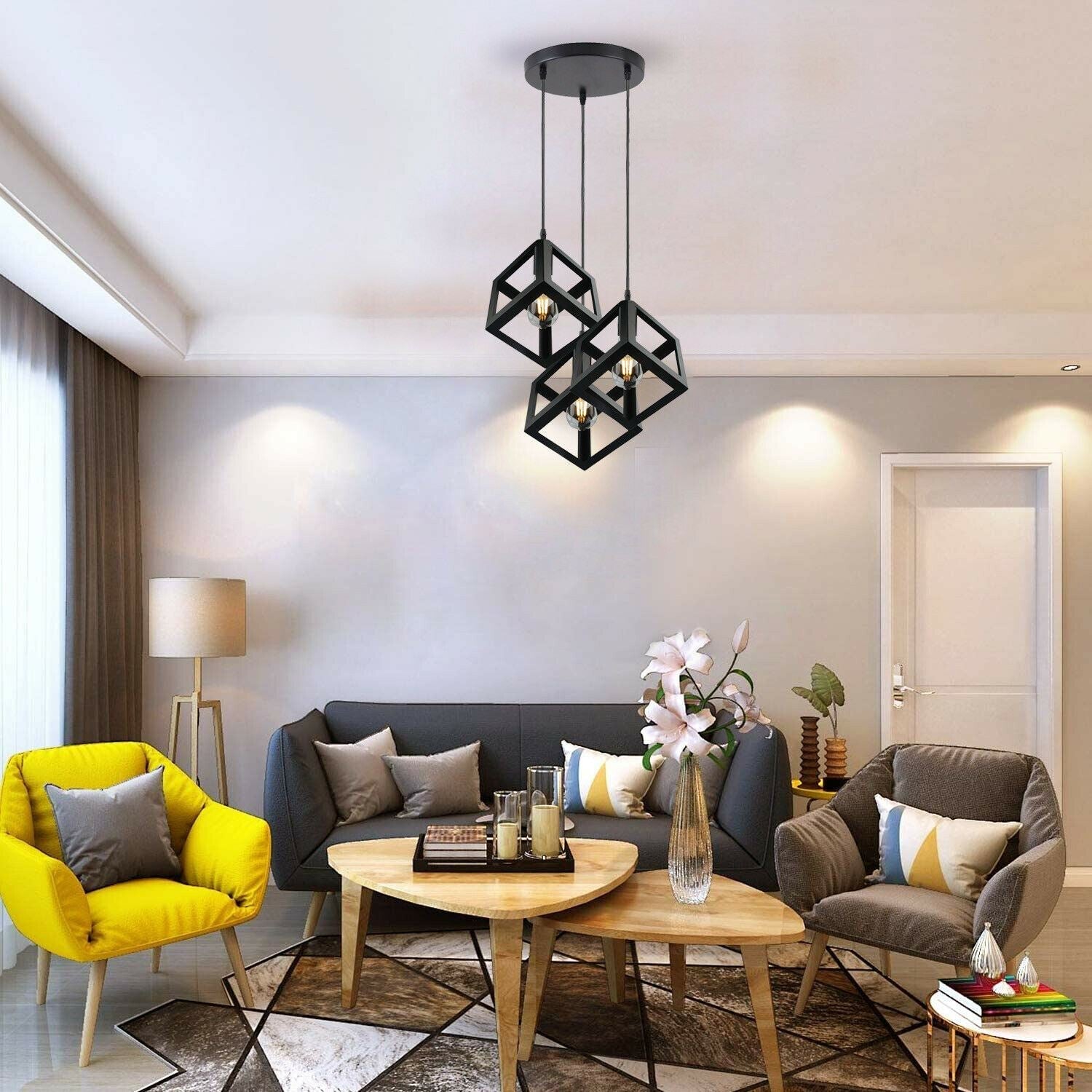3 Cluster Pendant Light in Black Square Shape ~1256-2