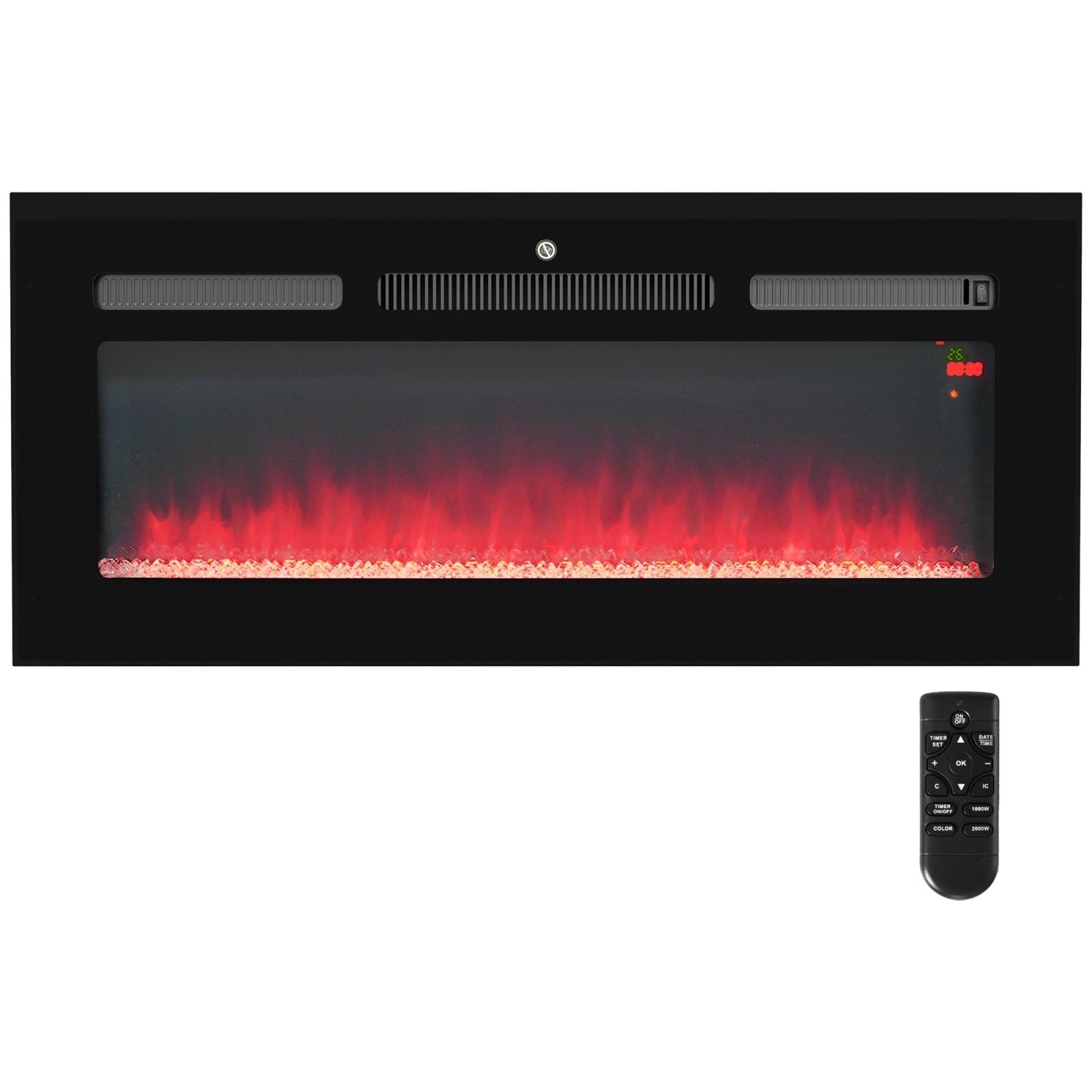 102cm Electric Fireplace, 2000W Recessed and Wall Mounted Electric Fire with Remote Control, 9 Flame Colour and Crystal, Black-0