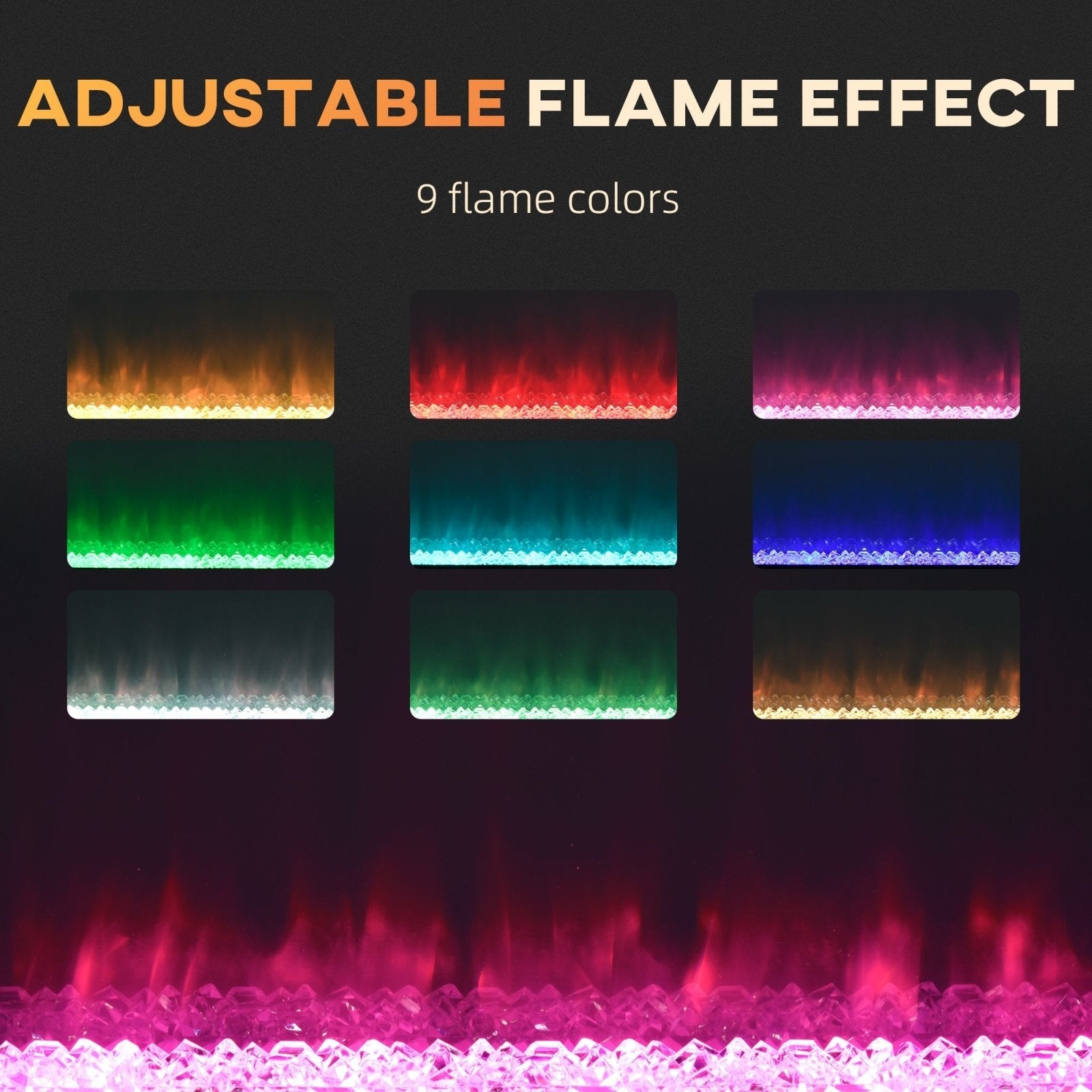 102cm Electric Fireplace, 2000W Recessed and Wall Mounted Electric Fire with Remote Control, 9 Flame Colour and Crystal, Black-3