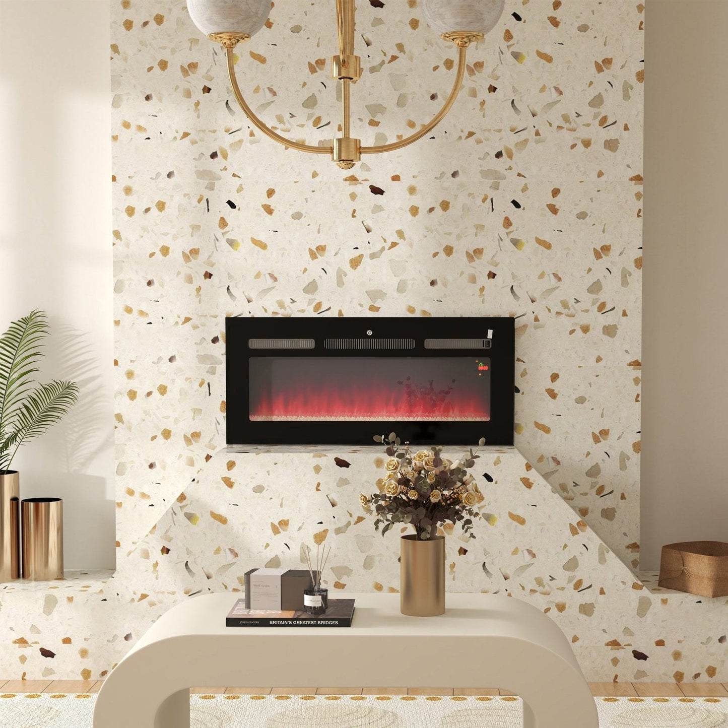 102cm Electric Fireplace, 2000W Recessed and Wall Mounted Electric Fire with Remote Control, 9 Flame Colour and Crystal, Black-1