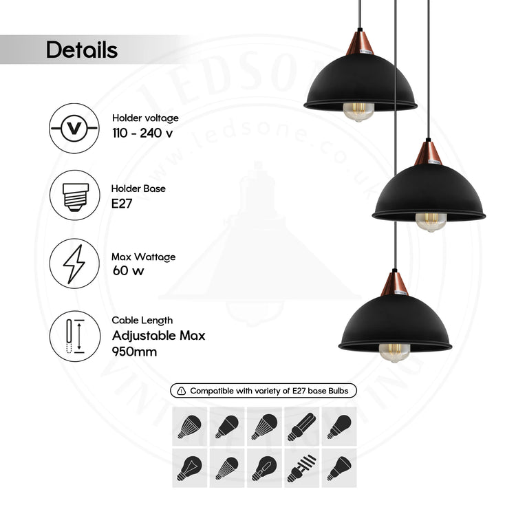 E27  Black Round Three Outlet 21cm Dome Pendant Retro Ceiling Light Shade~4343-1