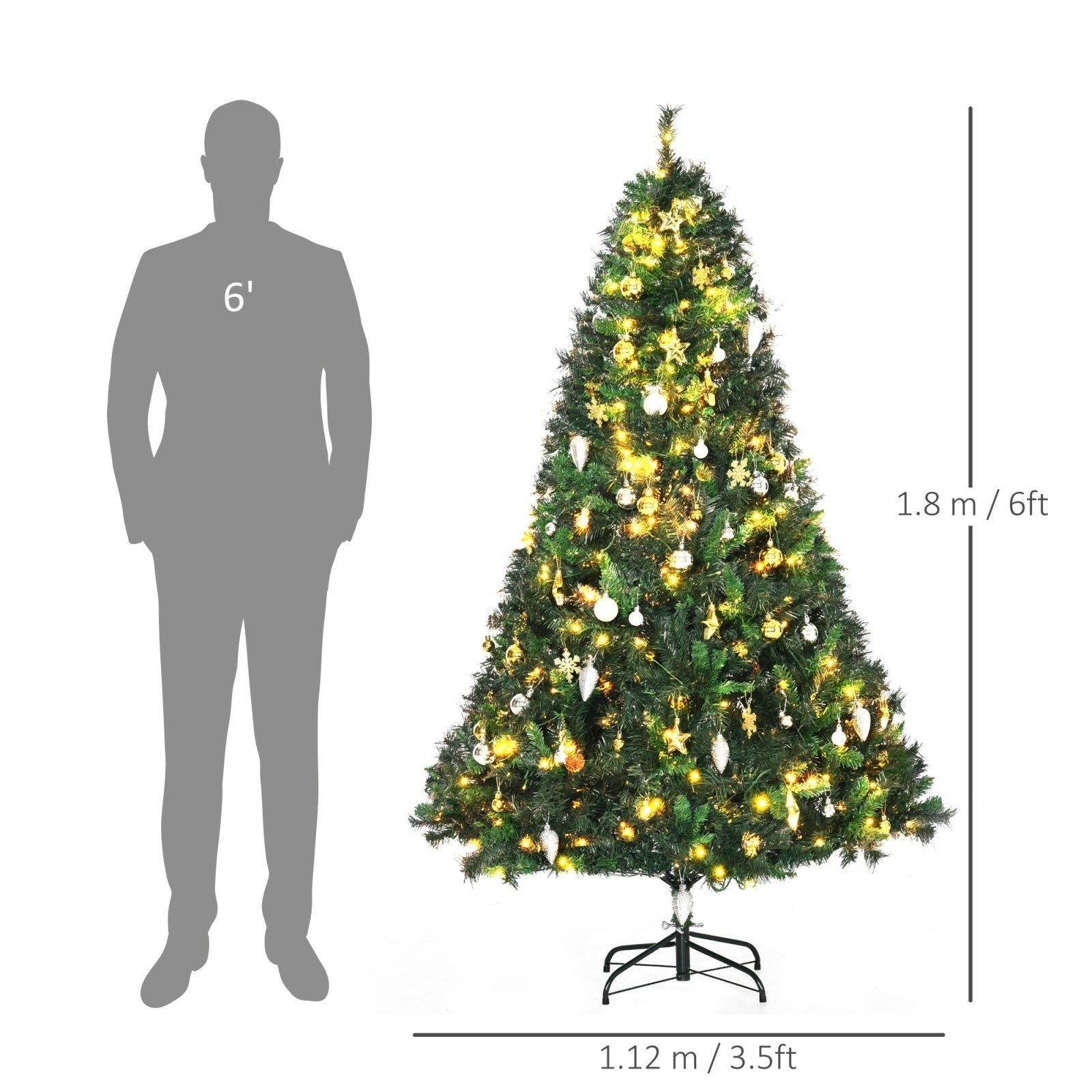 1.8m 6ft Pre Lit Christmas Tree 200 LED Xmas Tree Holiday Décor with Decorative Balls Ornament Metal Stand-2