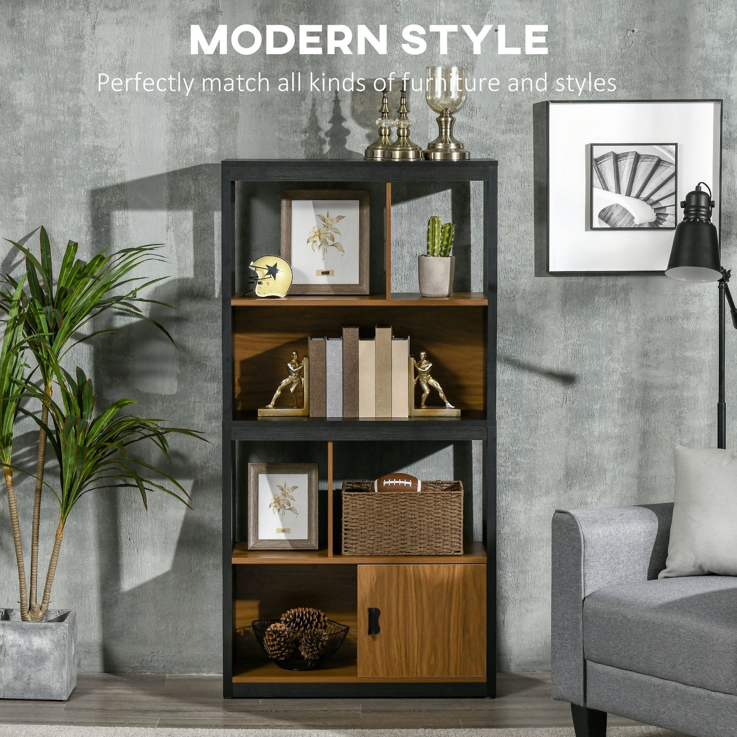 Modern 4-Tier Bookshelf, Freestanding Bookcase with Storage Shelving and Closed Cabinet, for Living Room Home Office Study, Walnut Brown-3