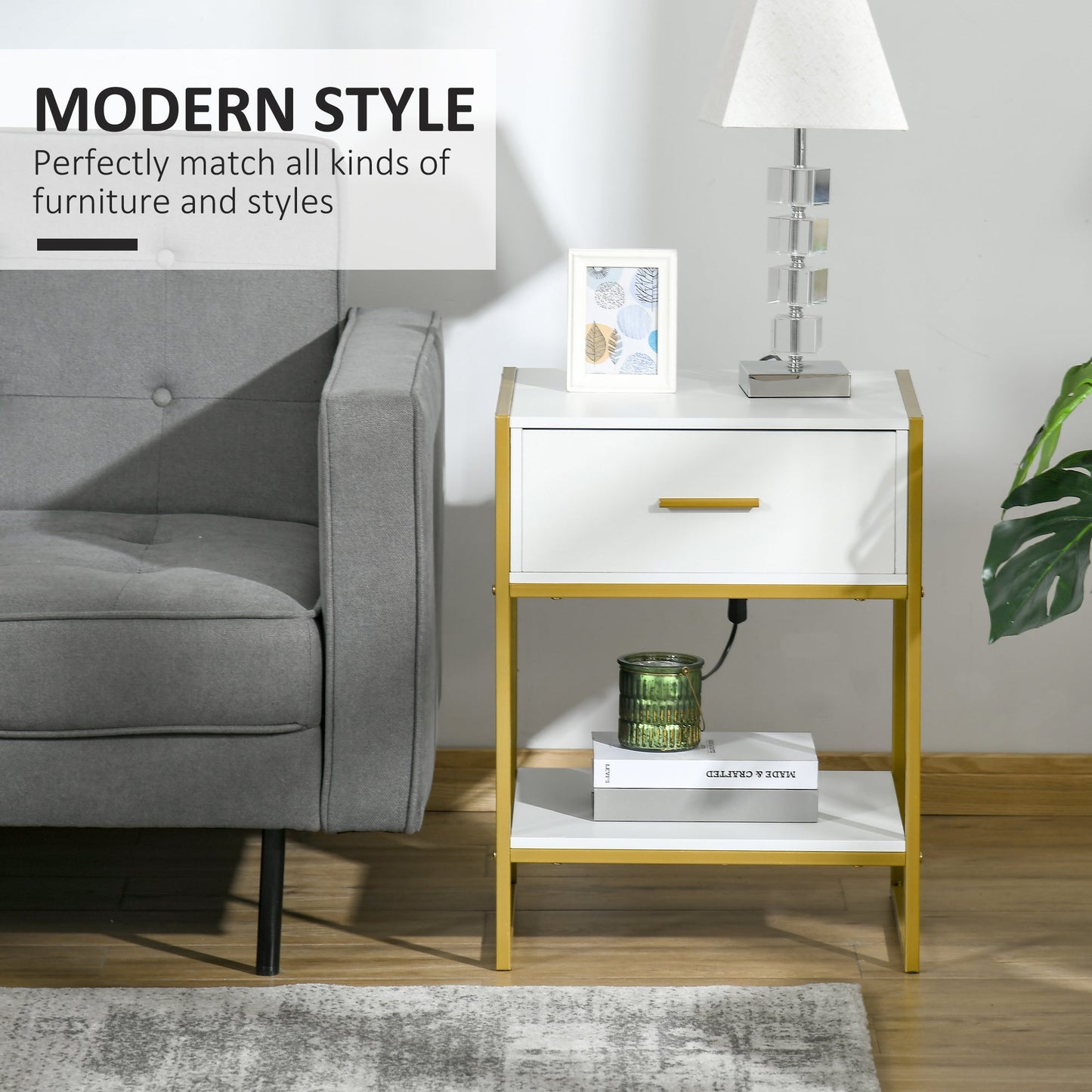 Modern Bedside Table with Drawer and Shelf - White and Gold-3