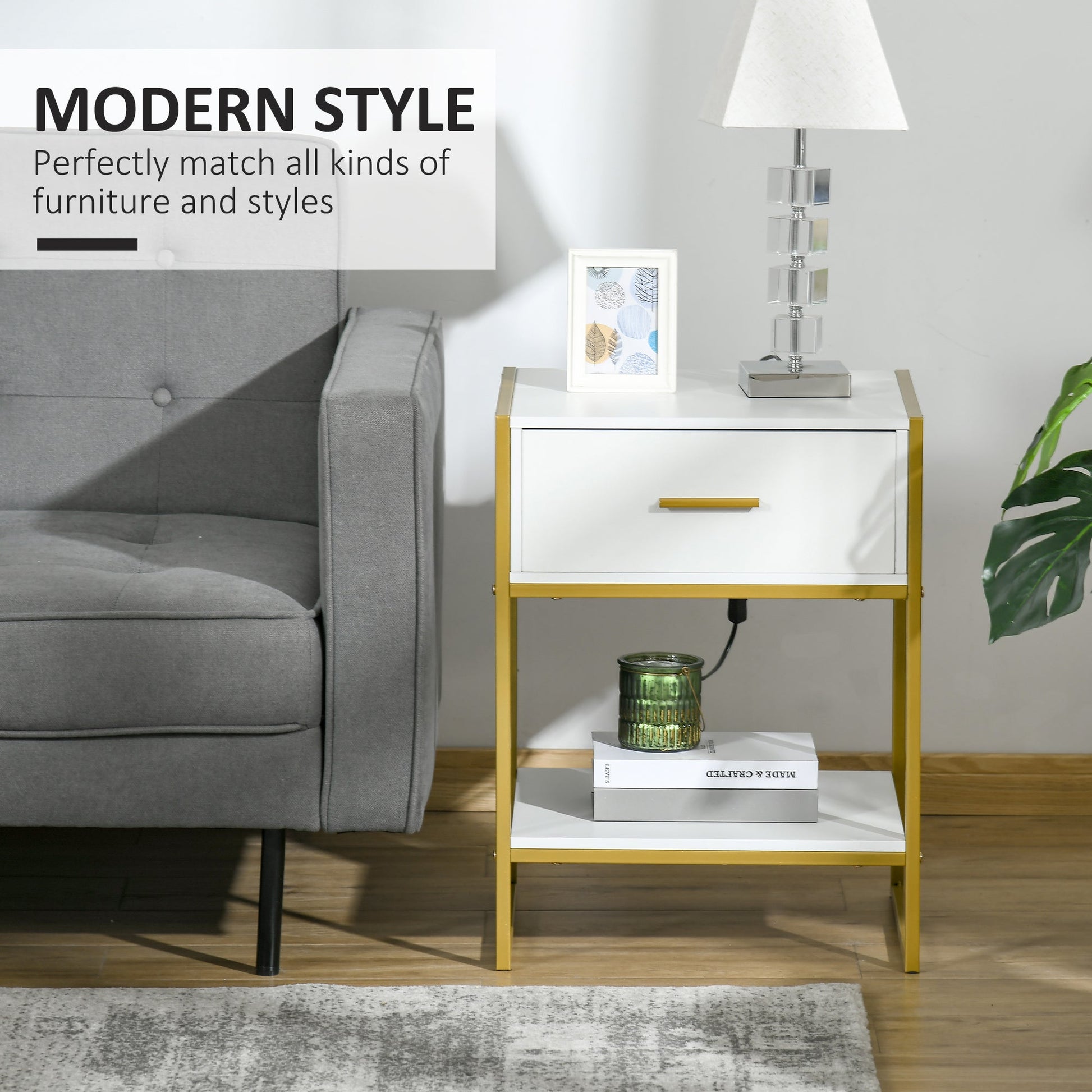 Modern Bedside Table with Drawer and Shelf - White and Gold-3