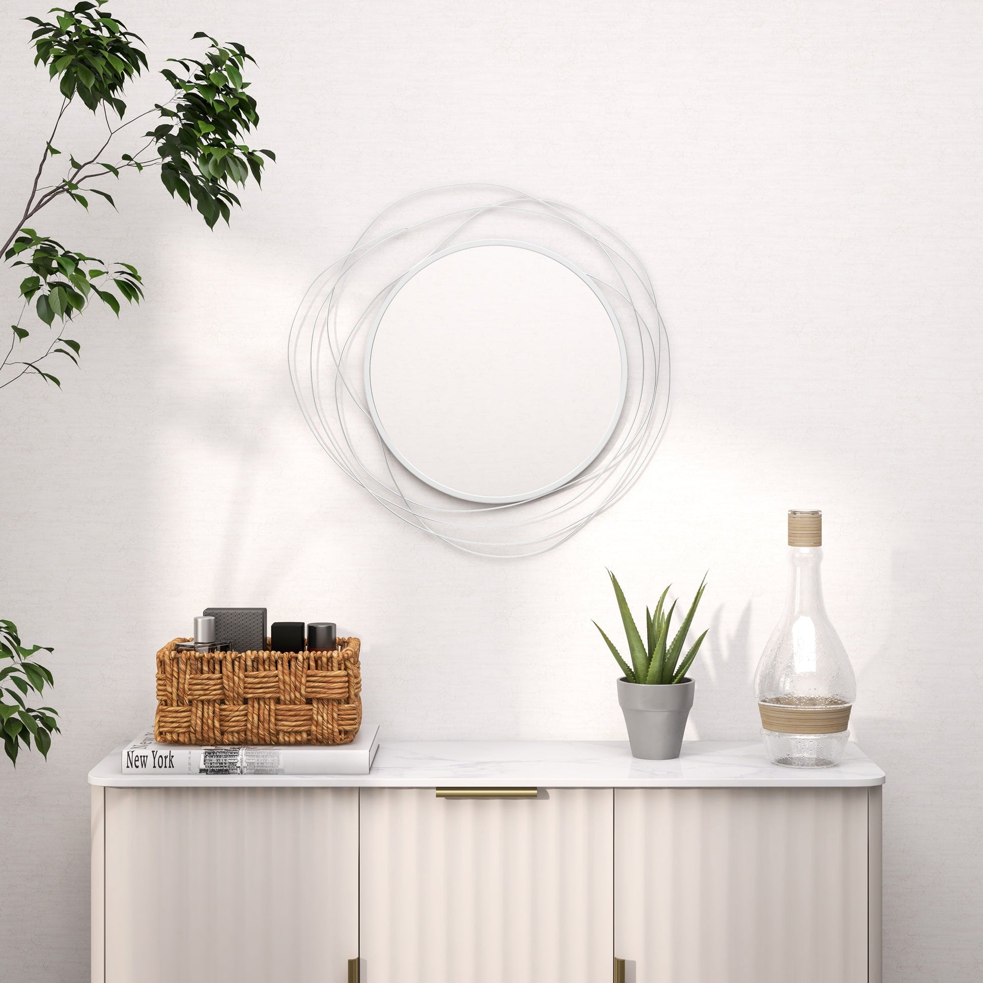 Abstract Metal Wire Wall Mirror, with Accessories - Silver-1