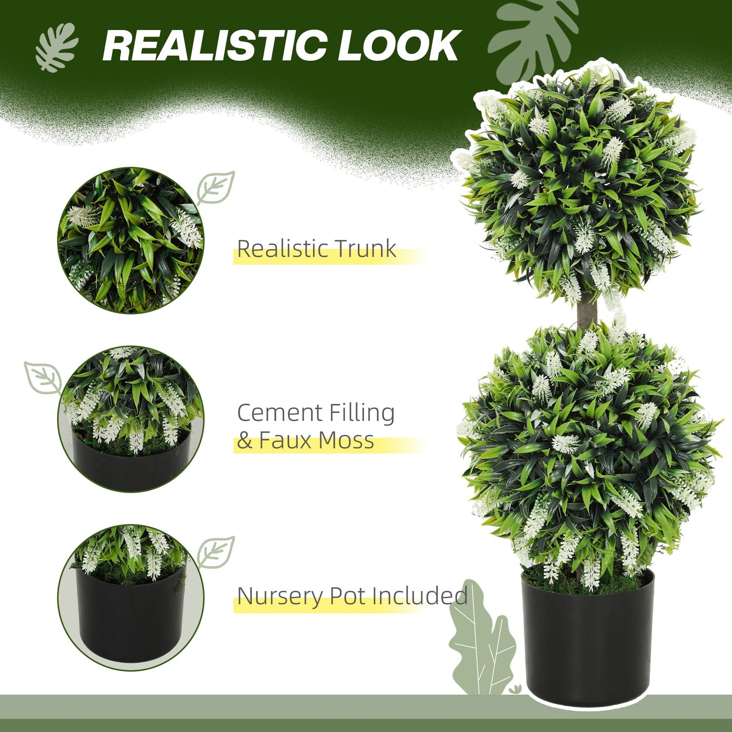 Set of 2 Decorative Artificial Plants Ball Trees with Lavender Flowers in Pot Fake Plants for Home Indoor Outdoor Decor, 70cm, White-3