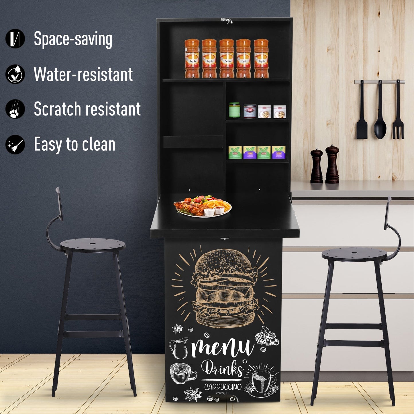 Folding Wall-Mounted Drop-Leaf Table With Chalkboard Shelf Multifunction Black-4