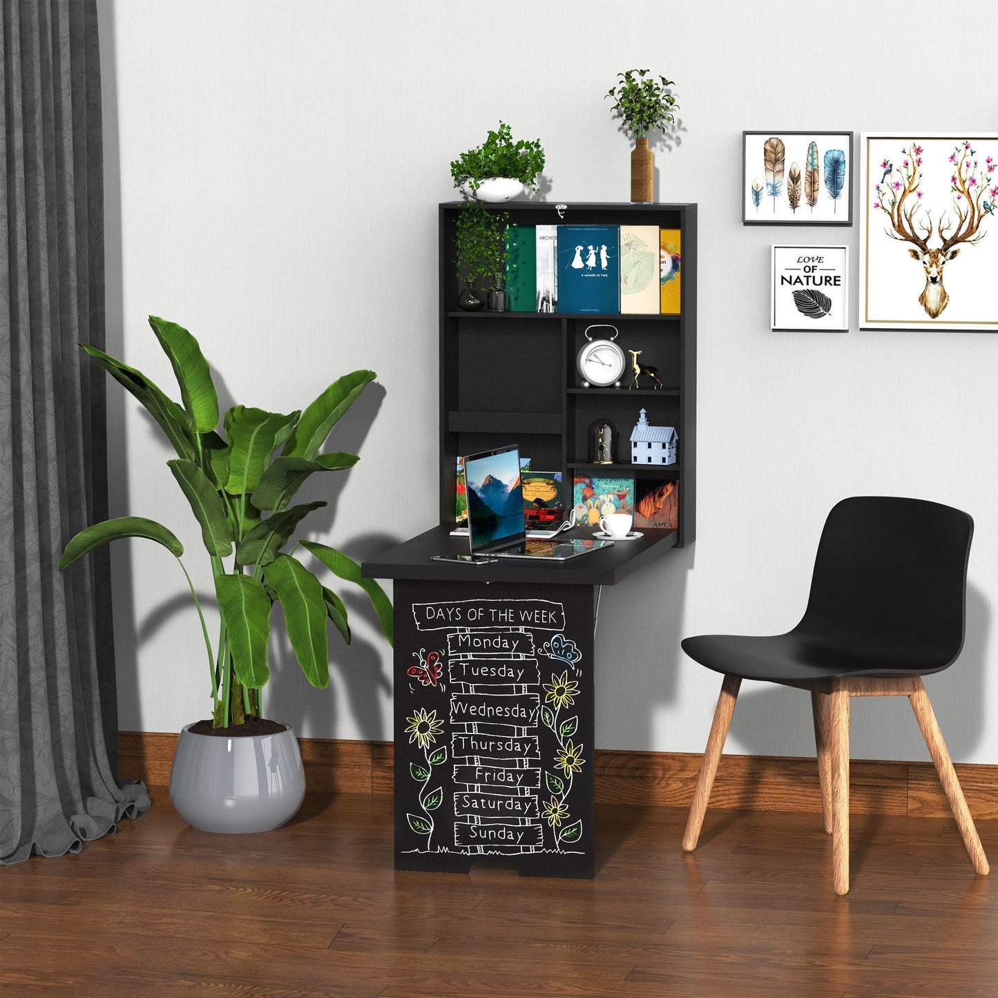 Folding Wall-Mounted Drop-Leaf Table With Chalkboard Shelf Multifunction Black-1