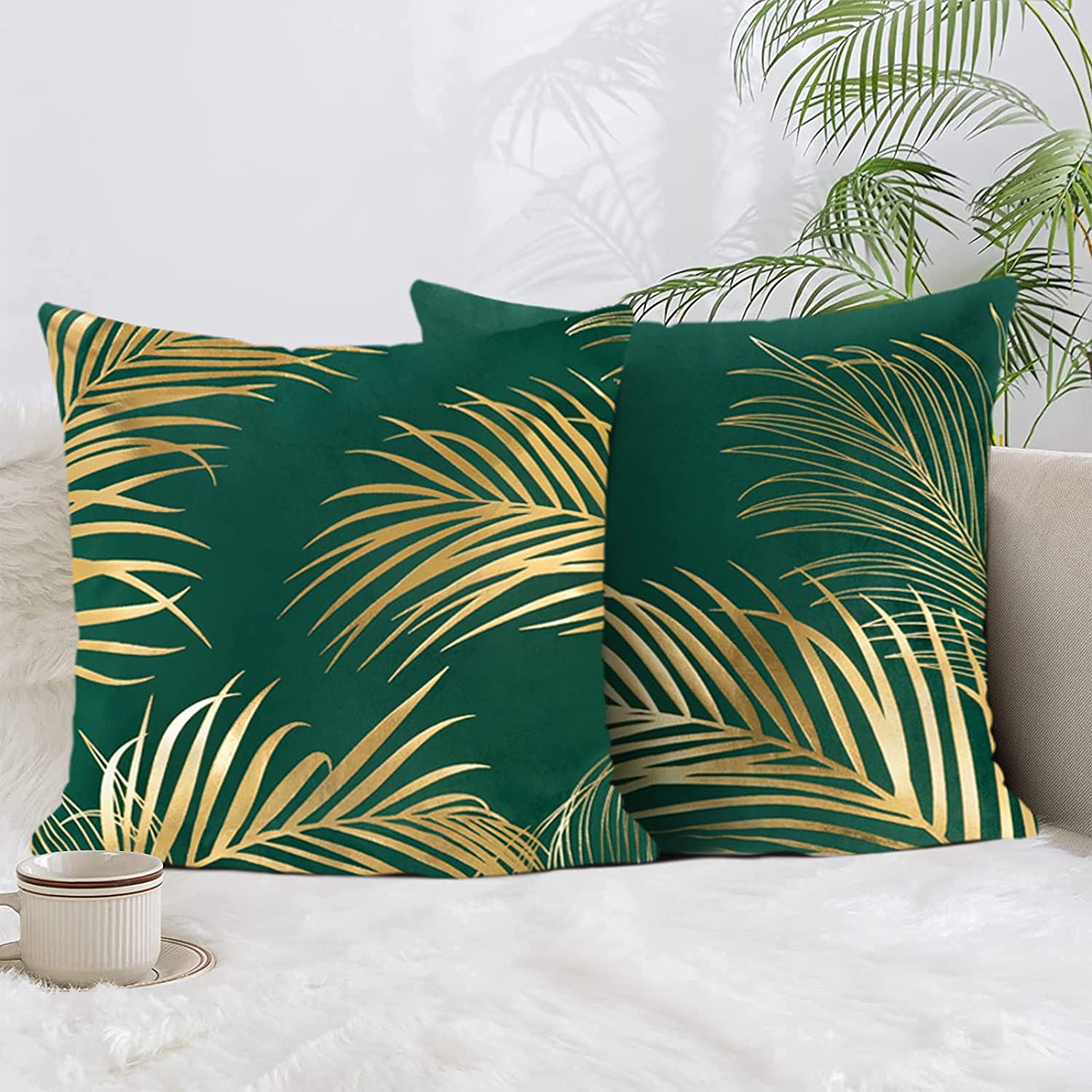 Gold Leaf Pattern Velvet Cushion Covers 45 x 45 cm-1