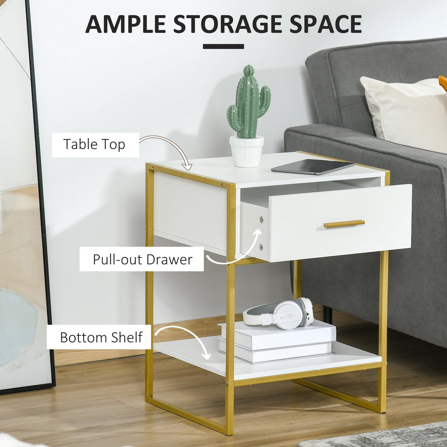 Modern Bedside Table with Drawer and Shelf - White and Gold-4