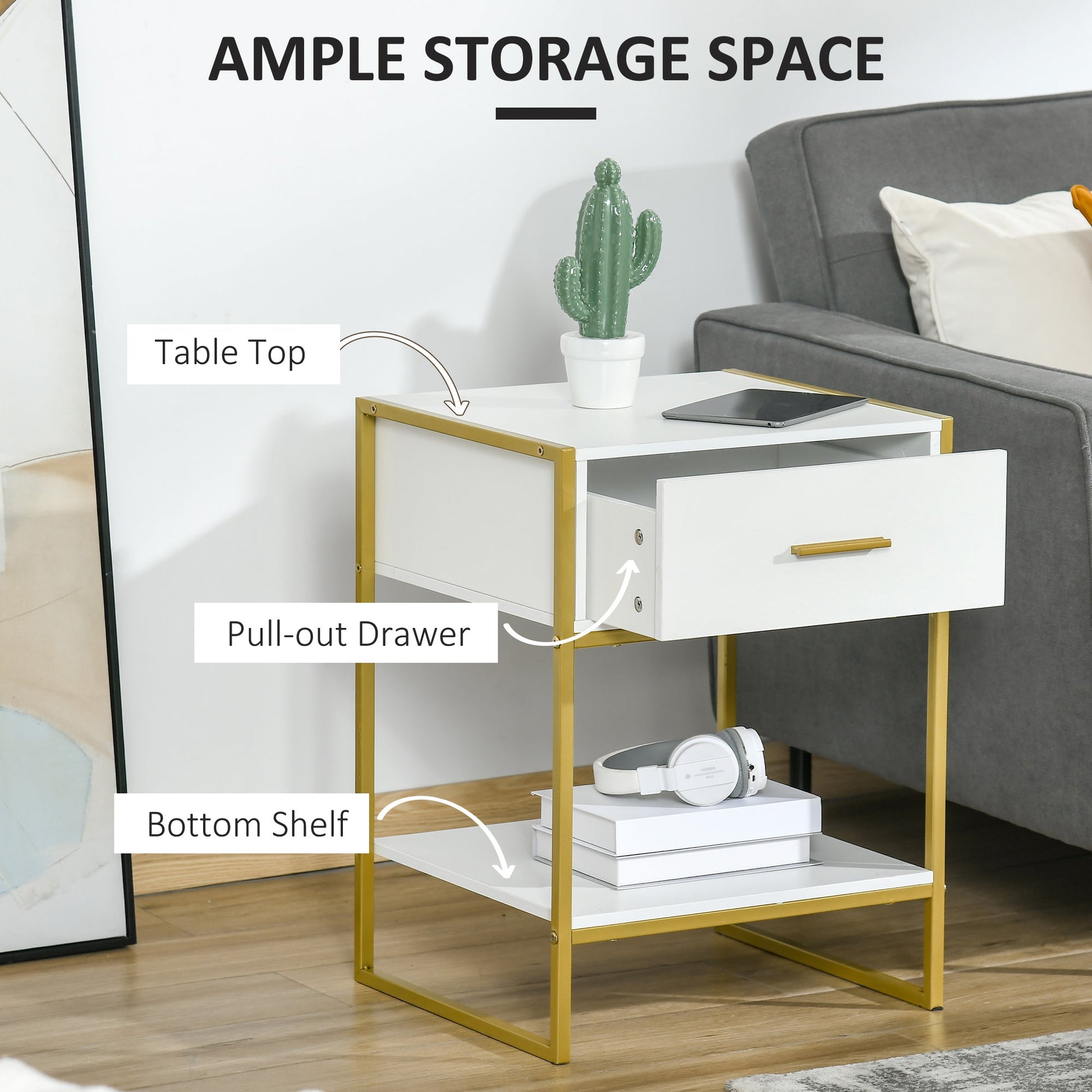 Modern Bedside Table with Drawer and Shelf - White and Gold-4