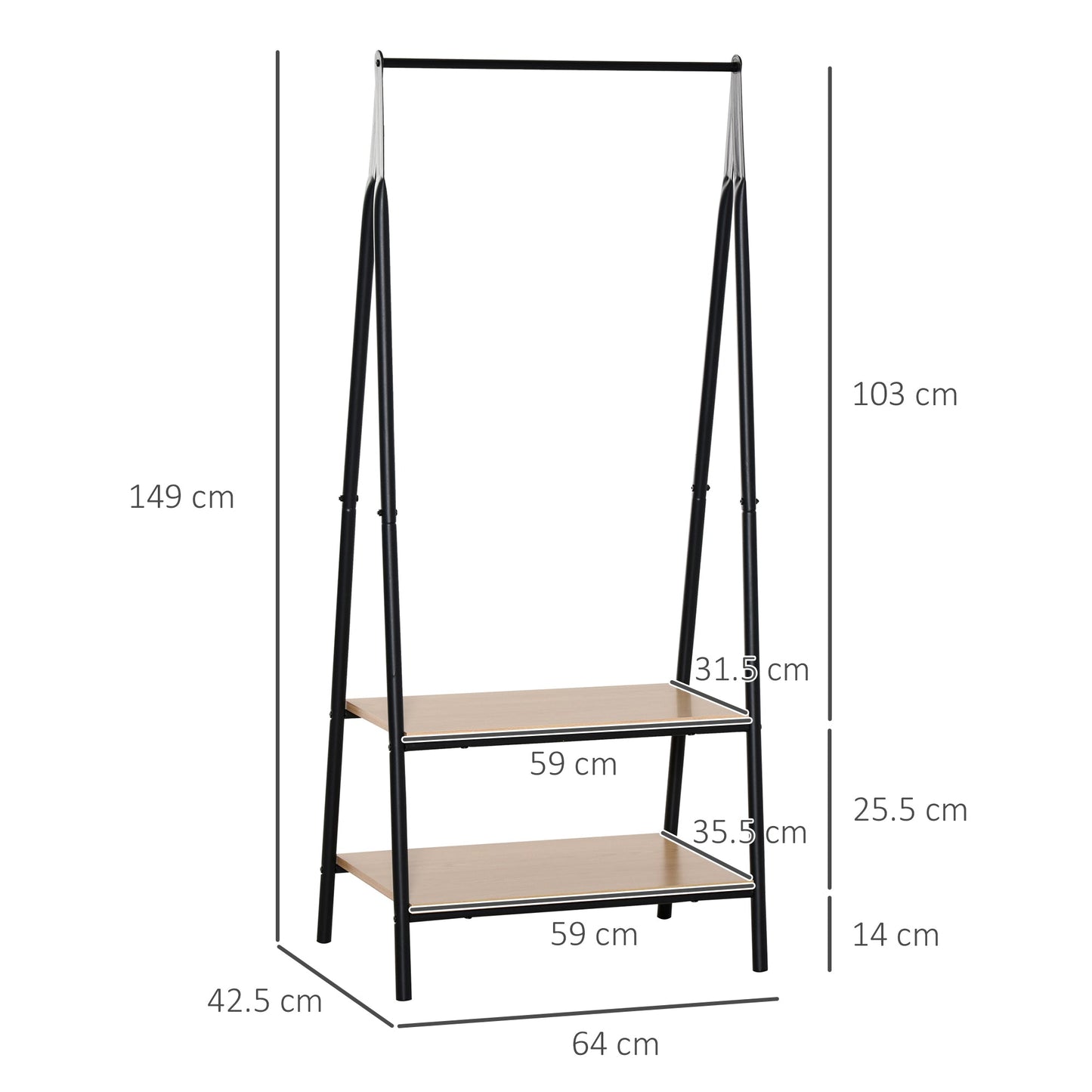 Clothes Rail, Freestanding Metal Clothes Rack with 2 Tier Storage Shelves for Bedroom and Entryway, 64 x 42.5 x 149 cm, Black Frame-2