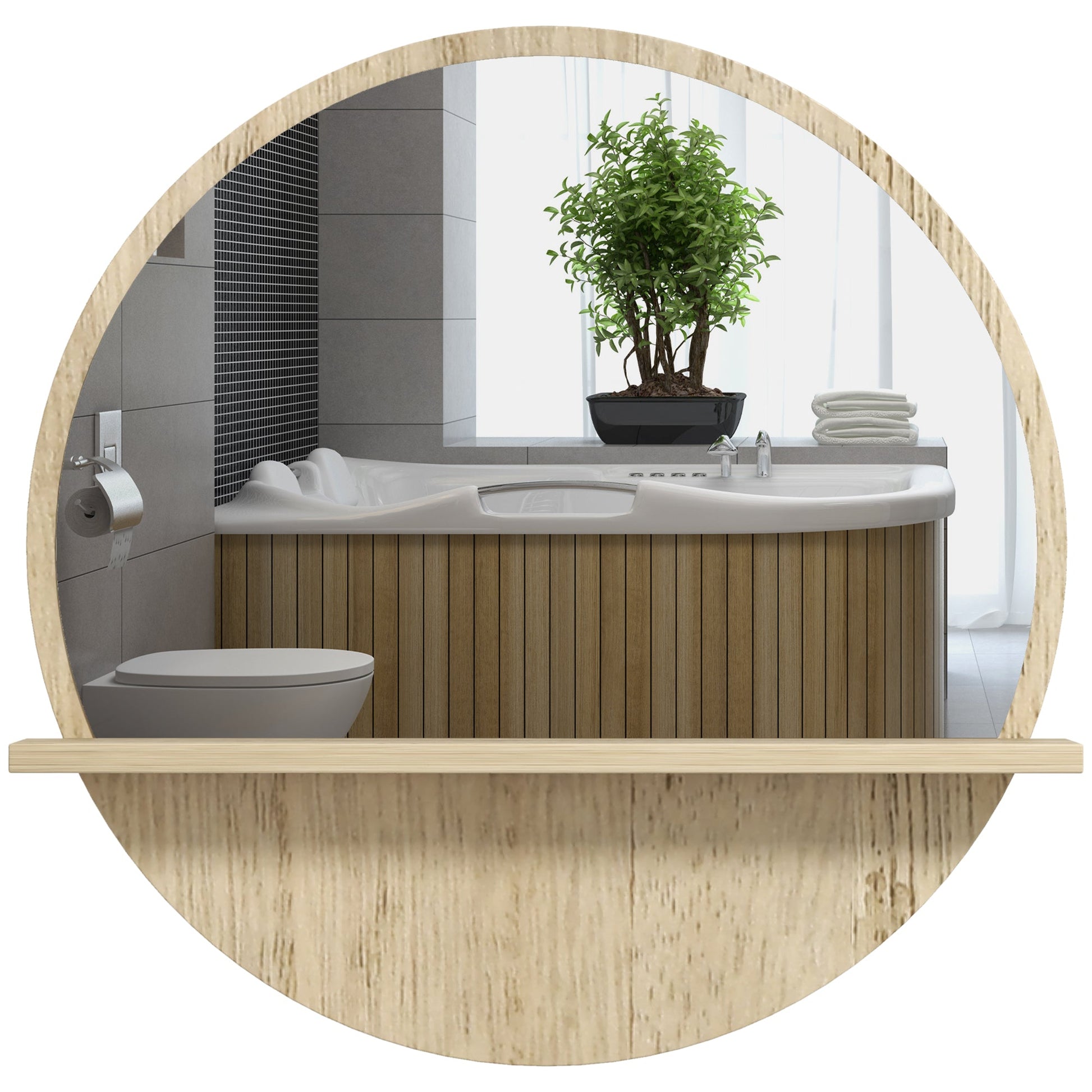 Round Wall Mounted Bathroom Mirror with Shelf for Easy Makeup - Natural Wood Effect-0