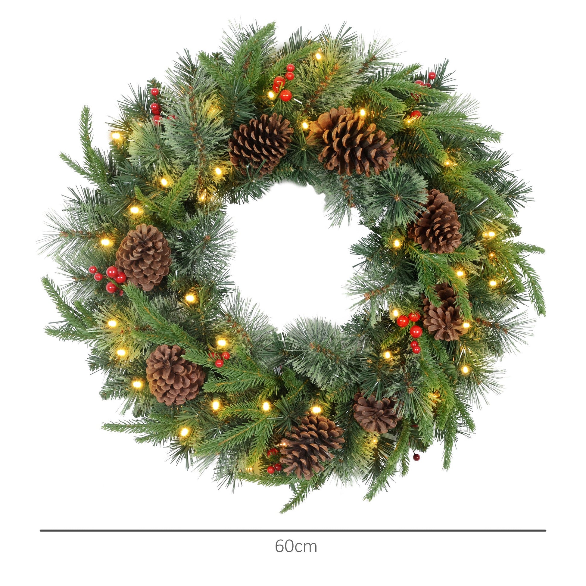 60" Cone and Berry Christmas Wreath, with LED Lights-2