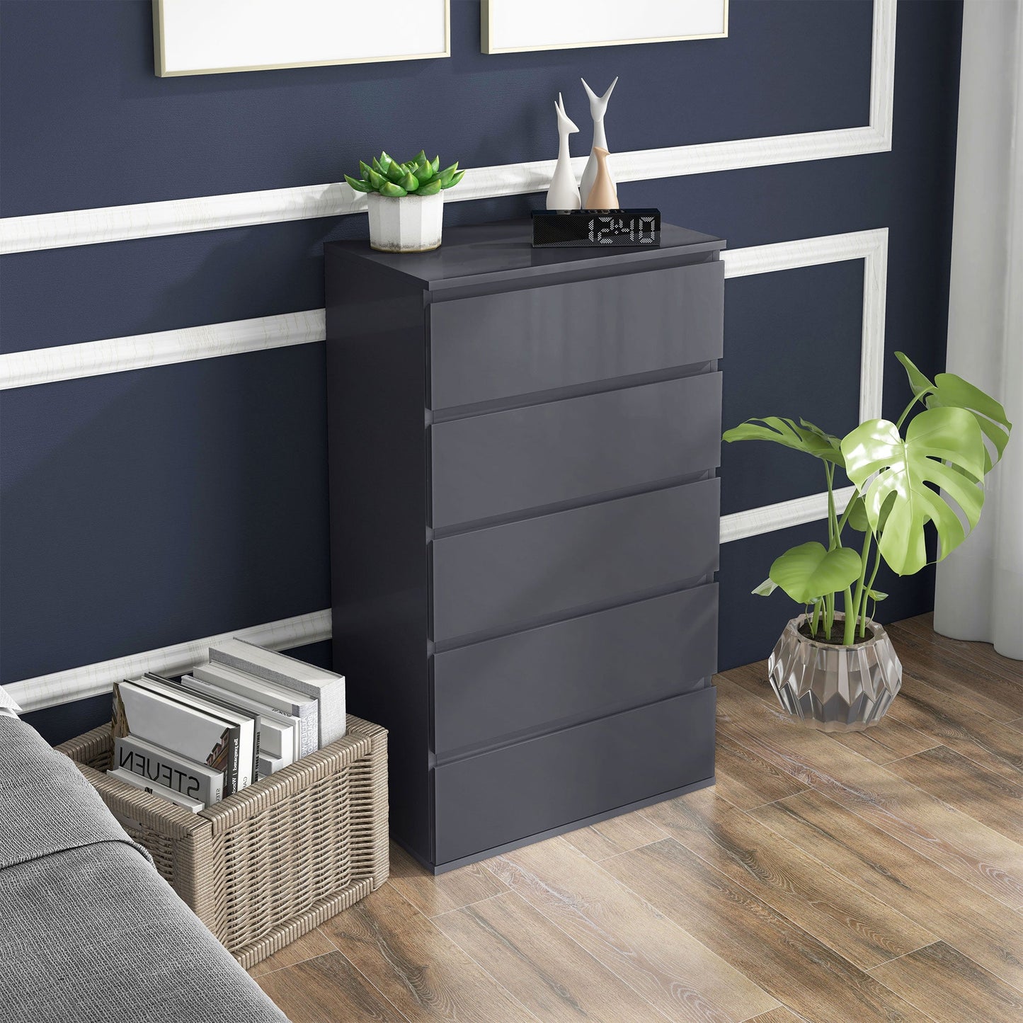 High Gloss Chest of Drawers, 5-Drawer Storage Cabinets, Modern Dresser, Storage Drawer Unit for Bedroom-1