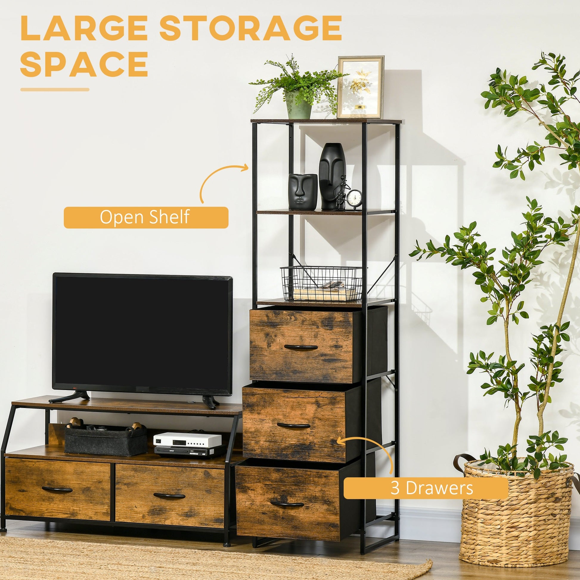 Industrial Tall Bookcase w/ 2 Open Shelves and 3 Foldable Fabric Drawers, Multifunctional Storage Cabinet in Living Room, Study, Rustic Brown-3