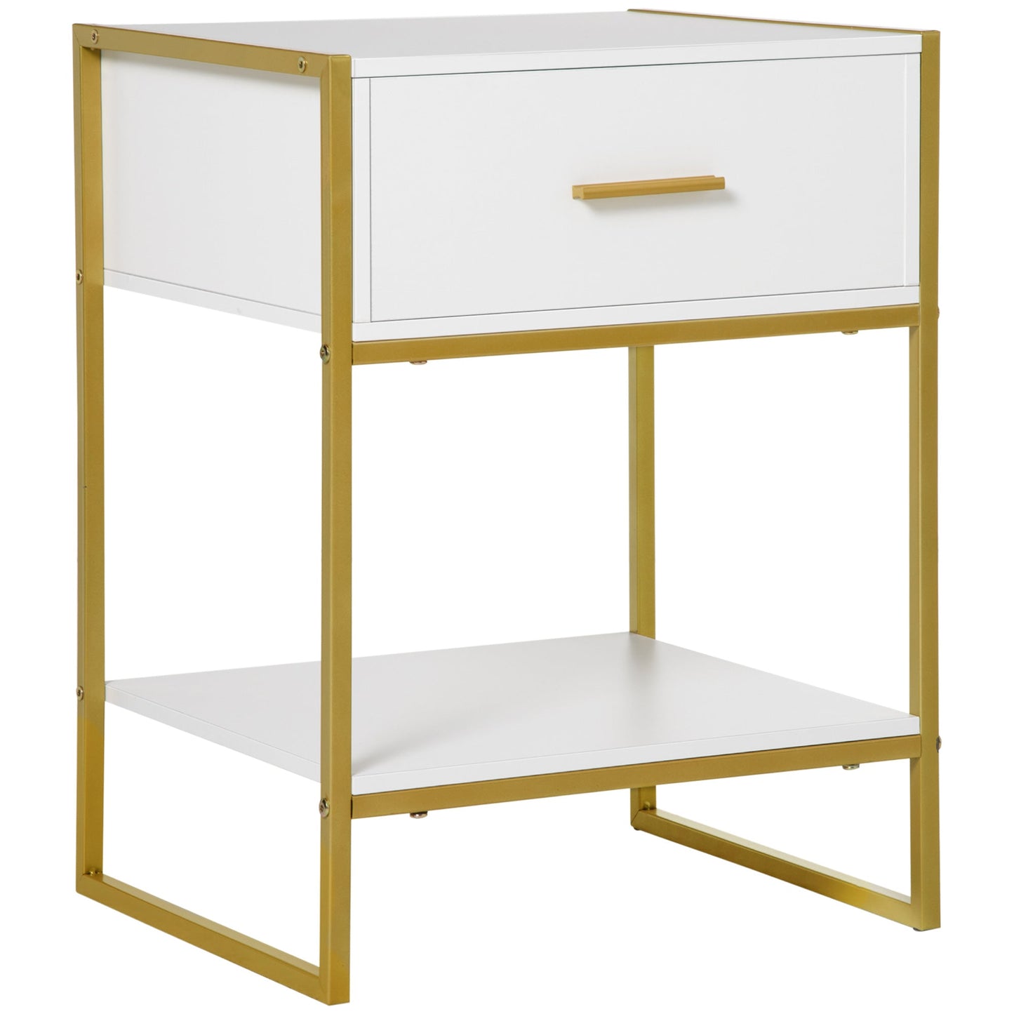 Modern Bedside Table with Drawer and Shelf - White and Gold-0