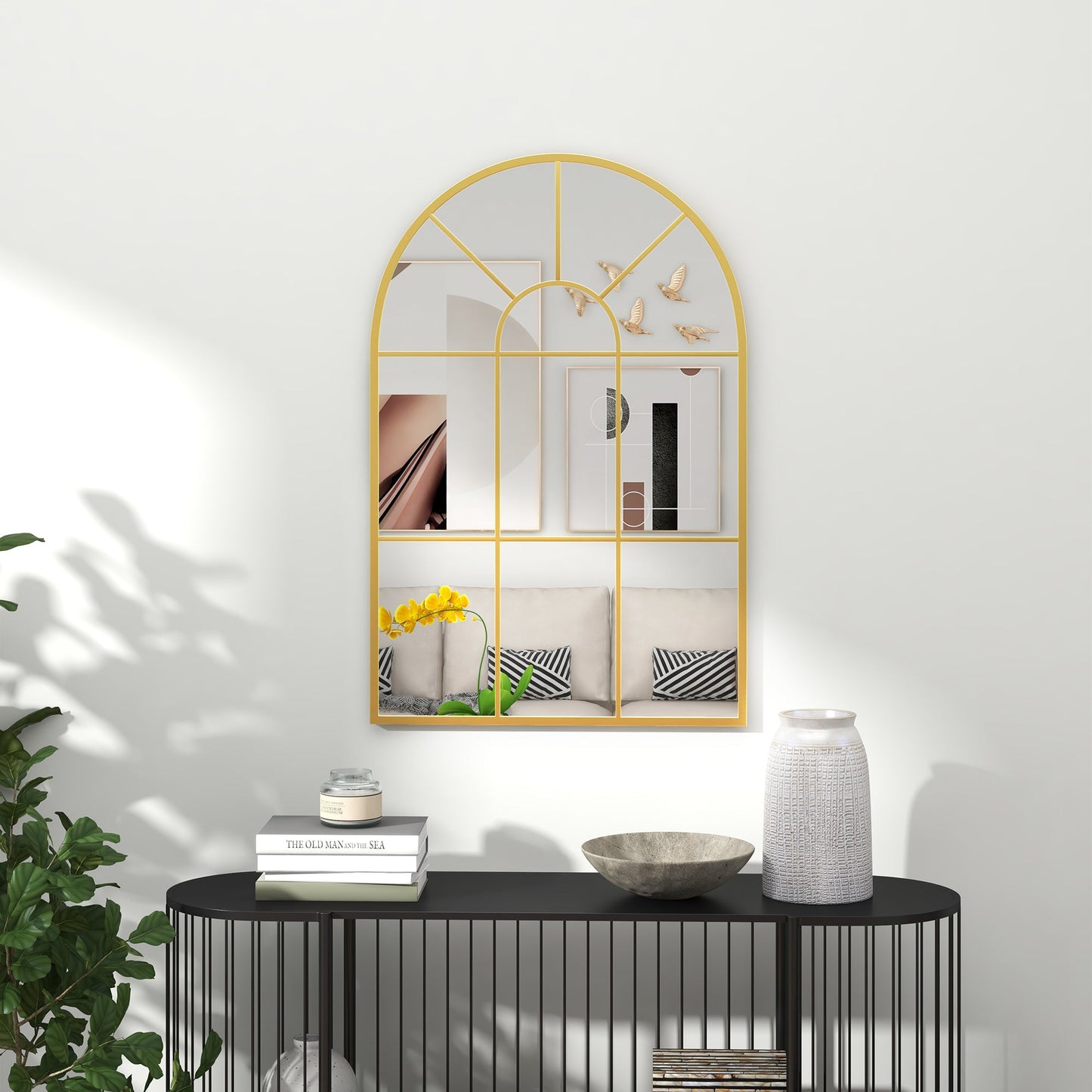 Modern Arched Wall Mirror, 91 x 60 cm Window Mirrors for Living Room, Bedroom, Gold Tone-4