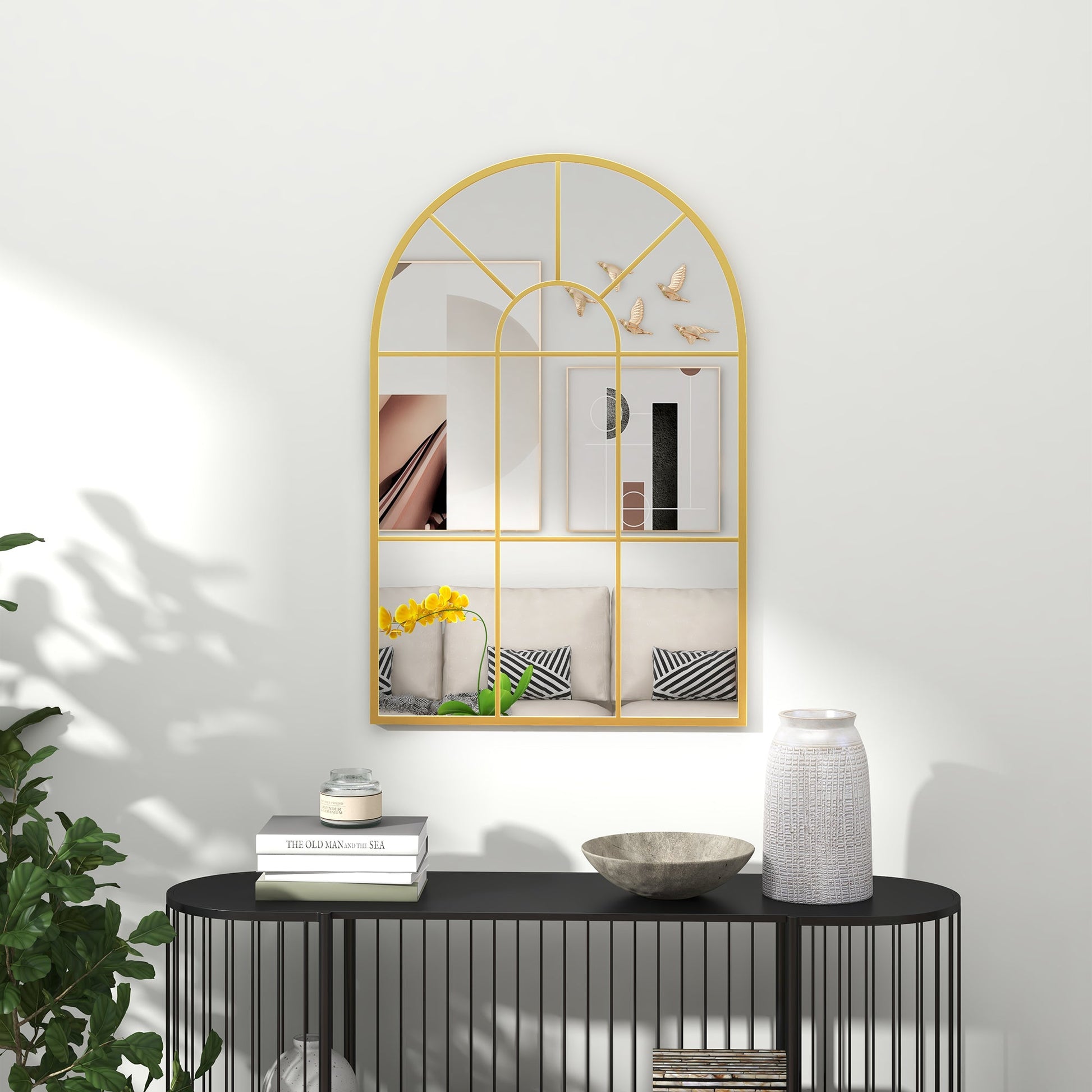 Modern Arched Wall Mirror, 91 x 60 cm Window Mirrors for Living Room, Bedroom, Gold Tone-4