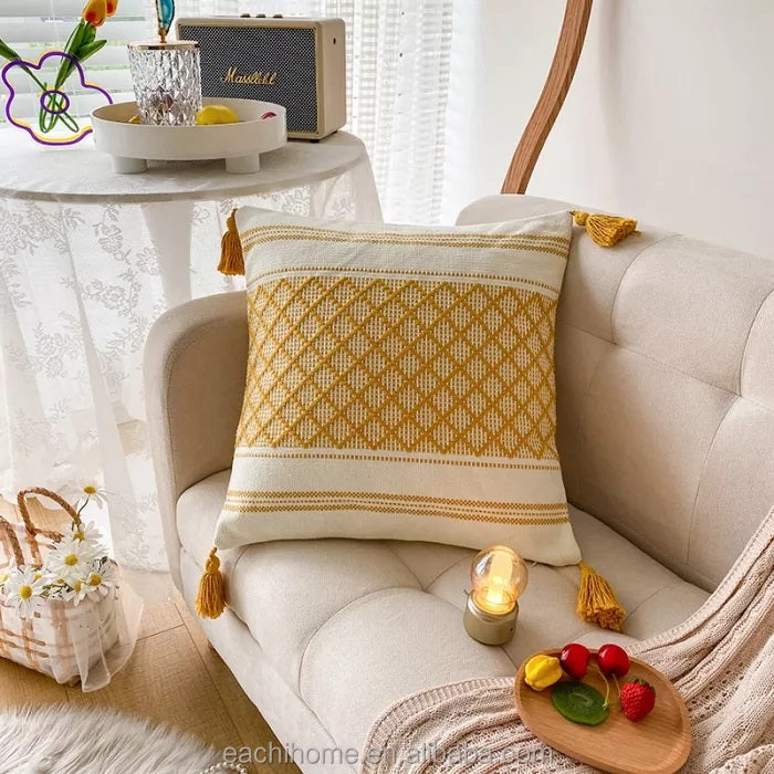 Custom Woven Moroccan Boho Tassel Style Tufted Square Cushion Covers Home Decoration 45x45cm (18 x 18 Inches)-1