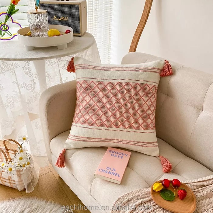 Custom Woven Moroccan Boho Tassel Style Tufted Square Cushion Covers Home Decoration 45x45cm (18 x 18 Inches)-2
